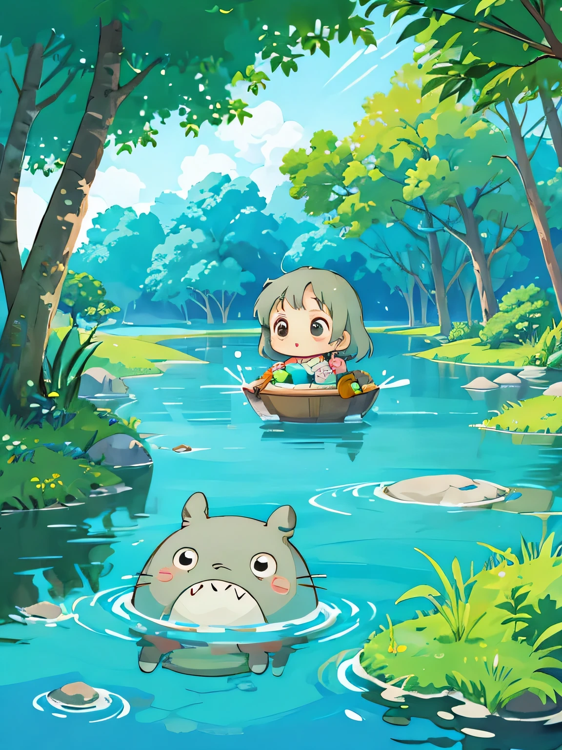 Hayao Miyazaki style, Kawaii Design, The most beautiful girl of all time、Chibi, Playing in the water with Totoro