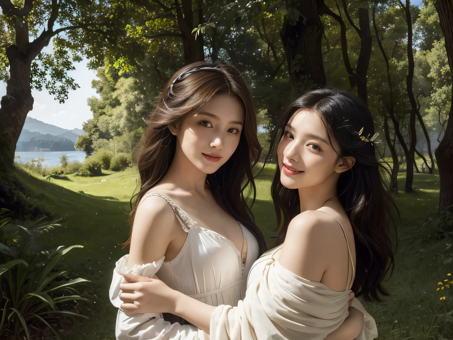 Giorgione painting style,Barbizon forest A beautiful woman in Greek dress smiles on the shore,Sweet and seductive appearance.、Caravaggio's paintings、Chiaroscuro of Caravaggio、hair tousled by the wind,Two women frolicking,cute smile, expression of ecstasy,Sexy,erotic, full body portrait