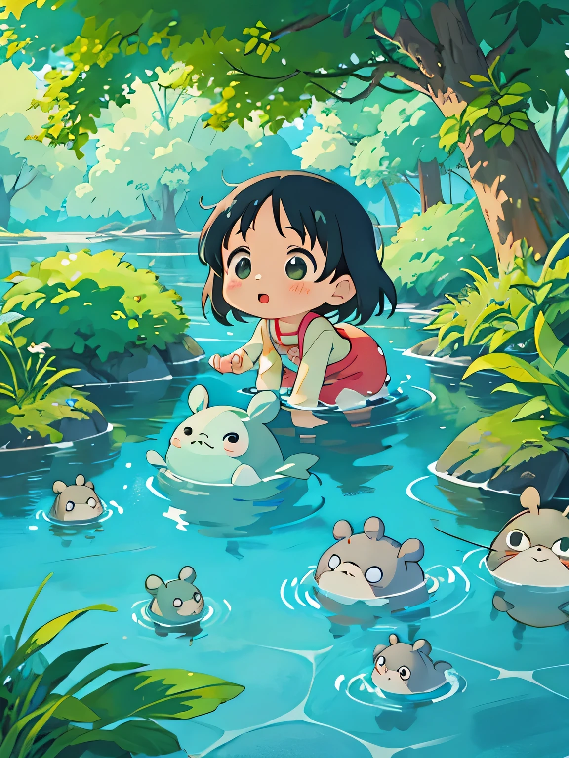 Hayao Miyazaki style, Kawaii Design, The most beautiful girl of all time、Chibi, Playing in the water with Totoro