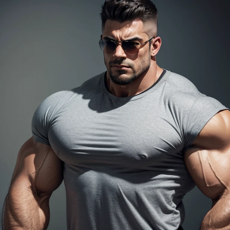 a very handsome, very muscular, bodybuilder, serious adult man, with a Mid fade haircut, wearing sunglasses, massively muscular, with massively large muscles, with massively large and muscular arms and biceps, wearing a gray shirt, seen from close