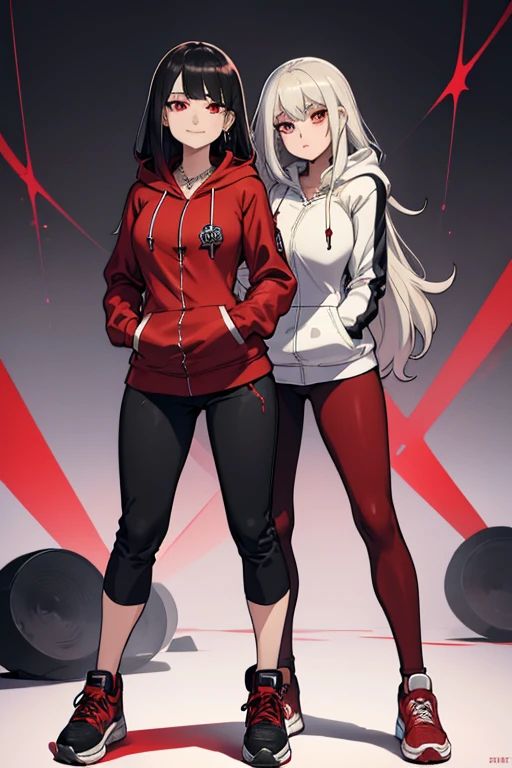 female, silver long hair with black highlights, red eyes, (((1girl))), (((red zip-up hoodie))), (black shirt), (red pants), (black sneakers), (necklace with chaos star pendant), cute and sexy, large breasts, large butt, full body, long legs, smiling