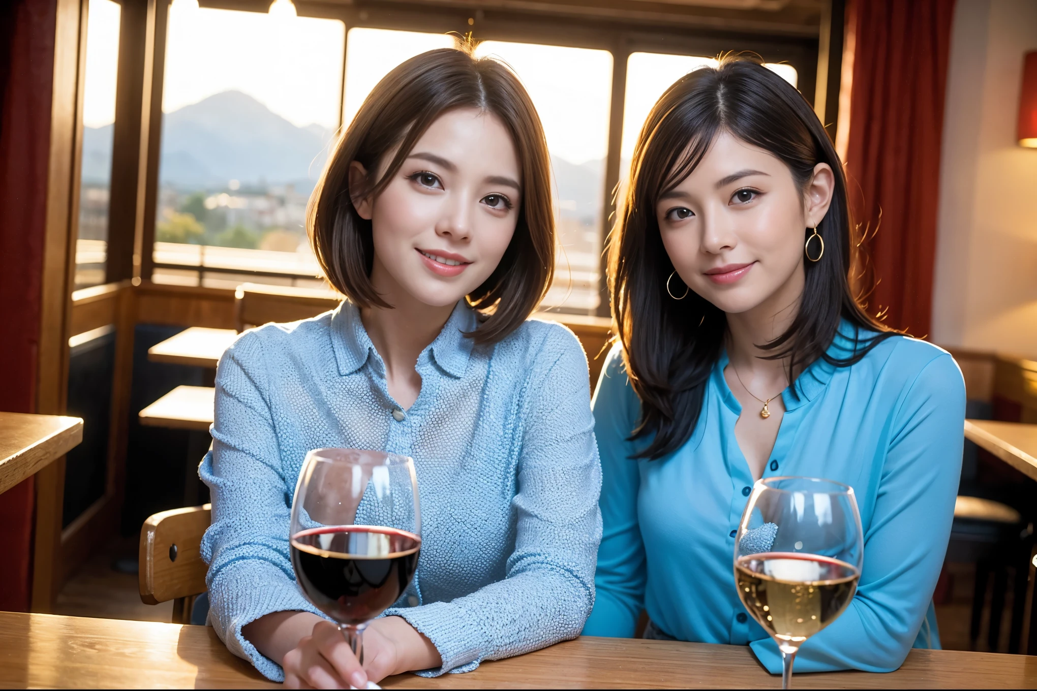 ((highest quality、8k、masterpiece:1.3))、Ray Dan lookalike beauty、1 male1 female、Couple、Spouse、half、The body is slim、((Bob Hale、Straight hair:1.2)), (Realistic, Intricate details:1.2), Wine glass on the table、Shine light on your face、 Amazing view of the sunset sky and clouds、Amazing mountain views、A bright smile、The wonderfulness of smile、Bright image、The beauty of wine, Beautiful Face, blue eyes, The light shines on your face, Blushing, short hair,Bright Face、 (Age 44), 43 years old, red wine 、Appetizers、Italian food、Wine bottle、Champagne、sparkling wine、Two beauties、Brown Hair、Shortcuts、Long sleeve shirt、dress、Pretty Woman 1, (Slim face), (The body is slim), (Brown Hair), (Shortcuts), cheeks turn a little red,Attractive beauty、restaurant, In a prominent place (From the waist up) Nova Frog Style, actress, model, Upper Body, White wine, slim, wine glass, A wine glass placed in the center, smile, (smile: 1.15), Beautiful fine grain, Depth f/2,saturation, High Contrast, Strong light and shadow,Moist Body:1.5、3D texture、Delicate eyes、Brown Hair、The hair is very shiny、