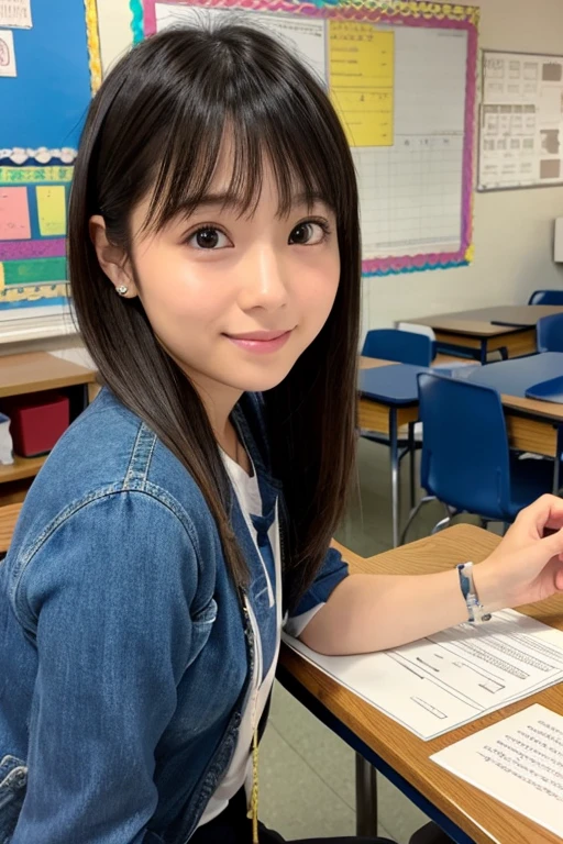 Reality,photograph、
Background classroom、Similar to Sayaka Isoyama、
30 years old、cute、Hairstyle up、