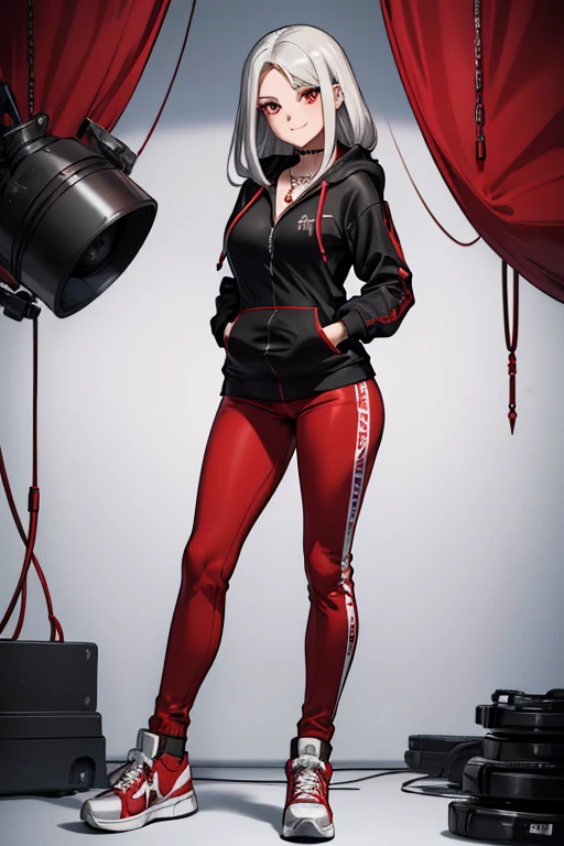 female, silver long hair with black highlights, red eyes, (((1girl))), (((red zip-up hoodie))), (black shirt), (red pants), (black sneakers), (necklace with chaos star pendant), cute and sexy, large breasts, large butt, full body, long legs, smiling