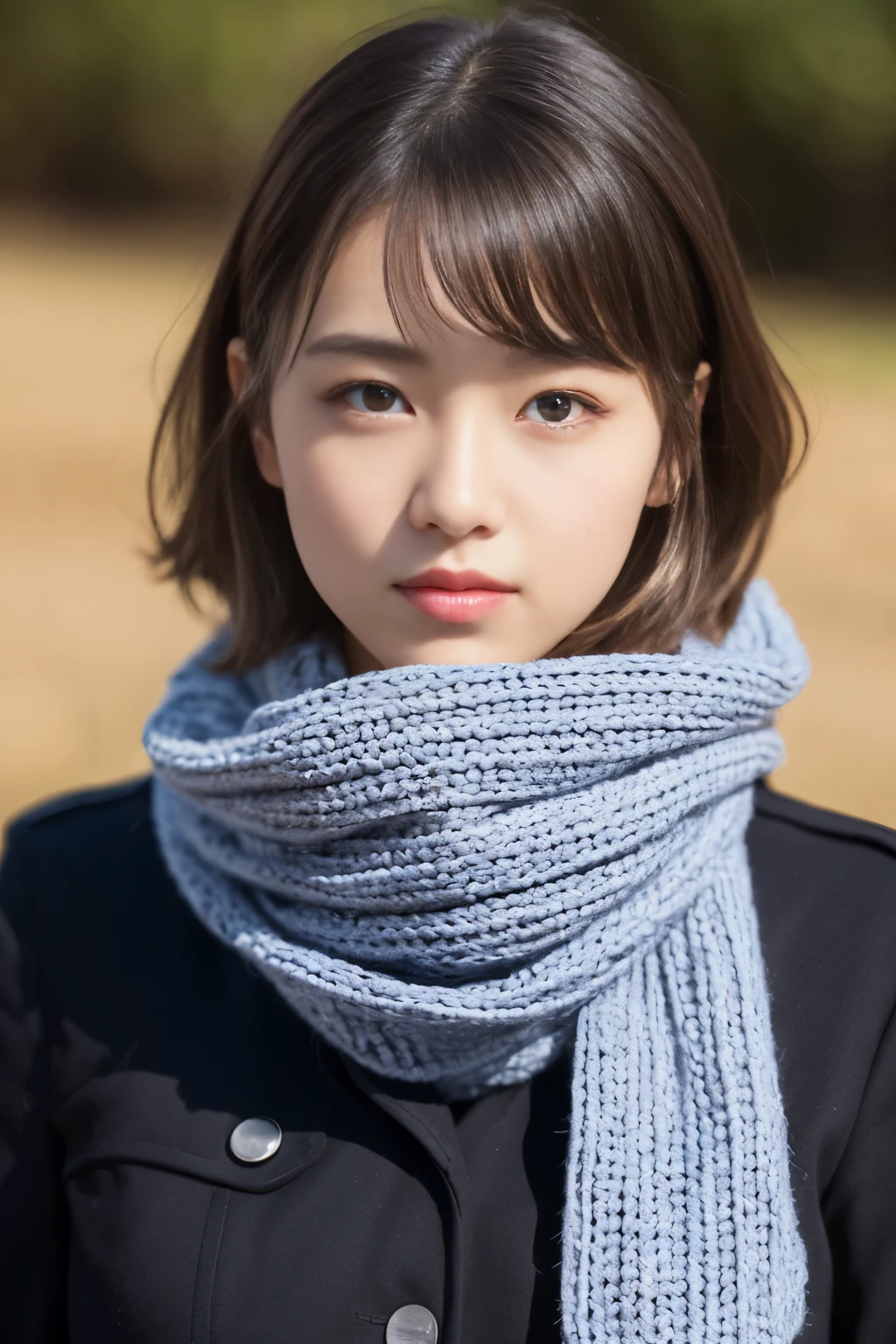 ((No makeup、Close your mouth:1.2))、(Realistic、Photorealistic、Ultra-detailed、Highest Detail Skin、highest quality、masterpiece、超A high resolution)、Cute Japanese Woman、17 years old、high school girl、Young girl、One Girl、Has bangs、double eyelid、drooping eyes、Japanese style face、purity、Double teeth、Realistic skin types、Thick muffler、Gray muffler、Curly short hair、Fluffy hair、((Hair is in the scarf:1.3))、Red cheeks、The wind is blowing、It's snowing、night、illumination、Lighting from behind
