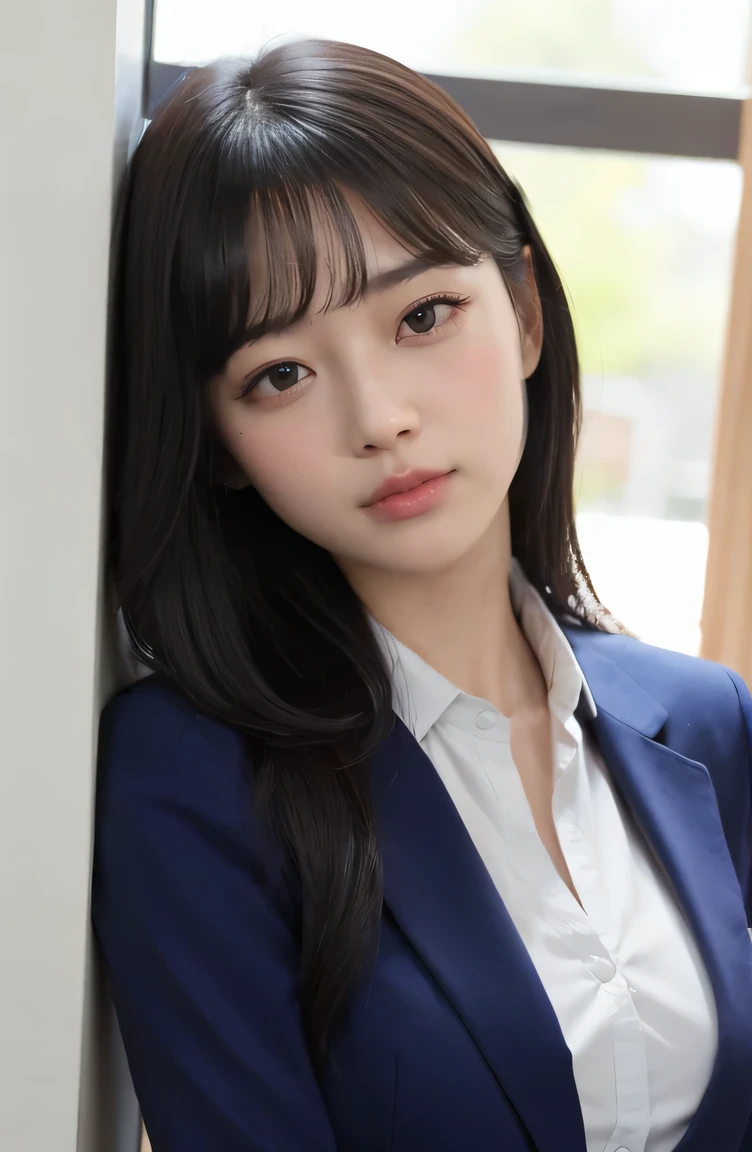 one beautiful girl、Dark blue blazer 、A dark-haired、open white shirt schools、early morning、14years、smile at the viewer,