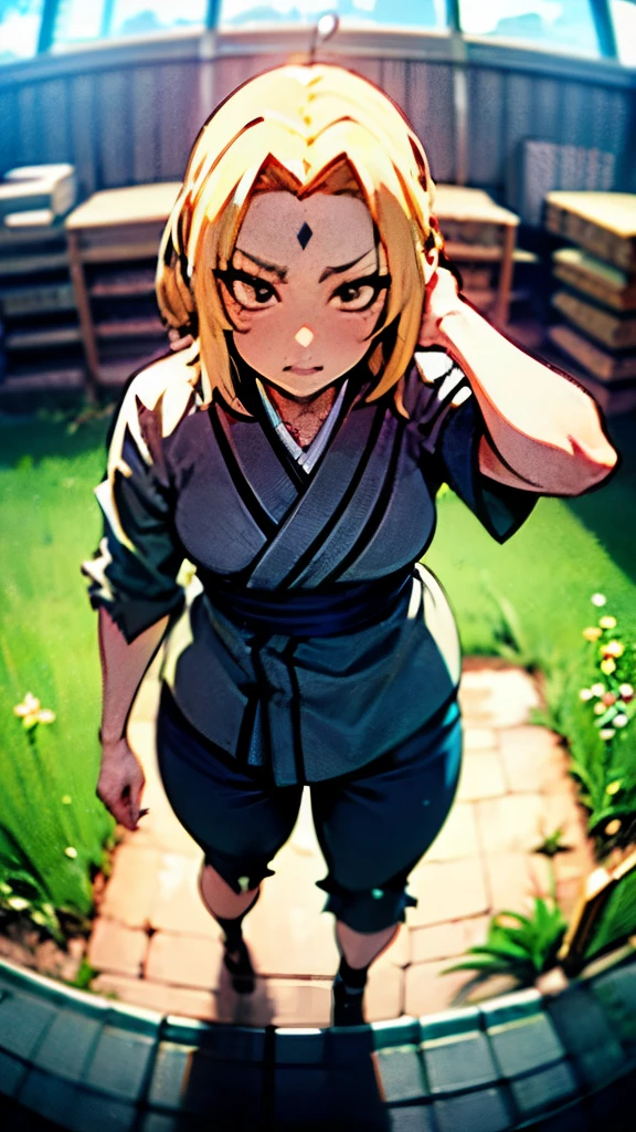 anatomically correct, best quality, masterpiece, high quality, high details, highres, HD, blonde hair, bindi dot, long hair, thigh, tick, torn, water drop, dusty, haori, pants, obi, standing, field, geta, from above, fisheye,