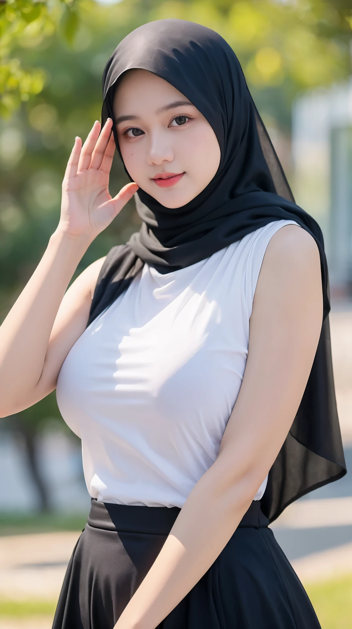 Beautiful Young 18 Years Old , Sleeveless , White Embroidery Hijab Women Potrait , Large Colossal Breasts , ((Transparent:1.3)) , Dynamic Pose , ((Muscles:1.1)) , ((Bokeh:1.1)) , EF 24-70mm f/2.8L II USM , (Hand Sign) , Top of The Mountain , HDR