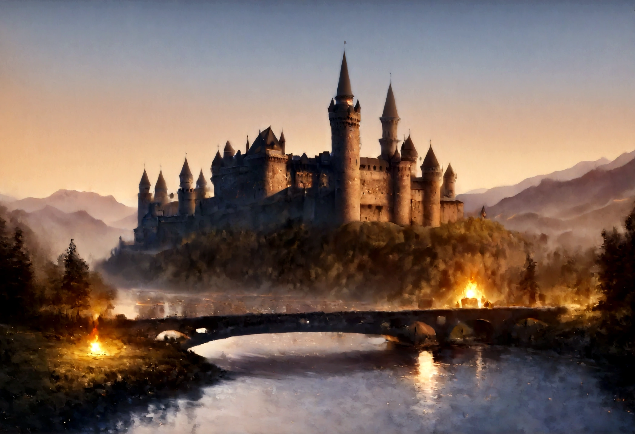 an award winning picture, National Geographic style, Arafed, magnificent artistic picture of a (castle: 1.4) on a mountain range near a lake at dusk, fantasy art D&D art, castle, with towers, turrets, barbican, it is dusk time, the sun is going down, and there are stars in the skies, the last rays of sun, there is a ((bridge lit by torches: 1.4)) crossing to the other side, the castle is being reflected in the water, fantasy forest background, ultra best realistic, best details, 16k, [ultra detailed], masterpiece, best quality, (extremely detailed), photorealism, depth of field, hyper realistic painting, Cinematic Hollywood Film style, digital art, colouredglazecd_xl
