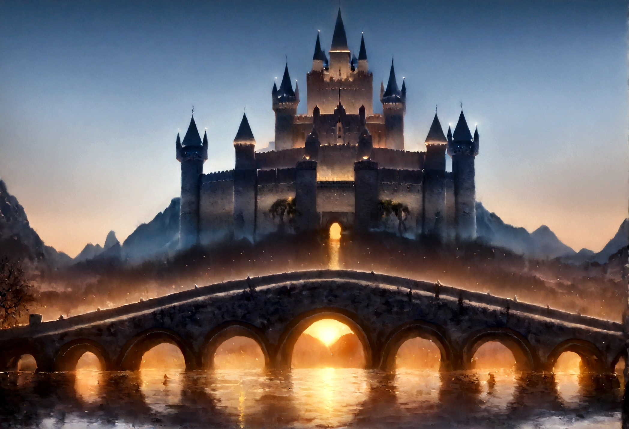 an award winning picture, National Geographic style, Arafed, magnificent artistic picture of a (castle: 1.4) on a mountain range near a lake at dusk, fantasy art D&D art, castle, with towers, turrets, barbican, it is dusk time, the sun is going down, and there are stars in the skies, the last rays of sun, there is a ((bridge lit by torches: 1.4)) crossing to the other side, the castle is being reflected in the water, fantasy forest background, ultra best realistic, best details, 16k, [ultra detailed], masterpiece, best quality, (extremely detailed), photorealism, depth of field, hyper realistic painting, Cinematic Hollywood Film style, digital art, colouredglazecd_xl