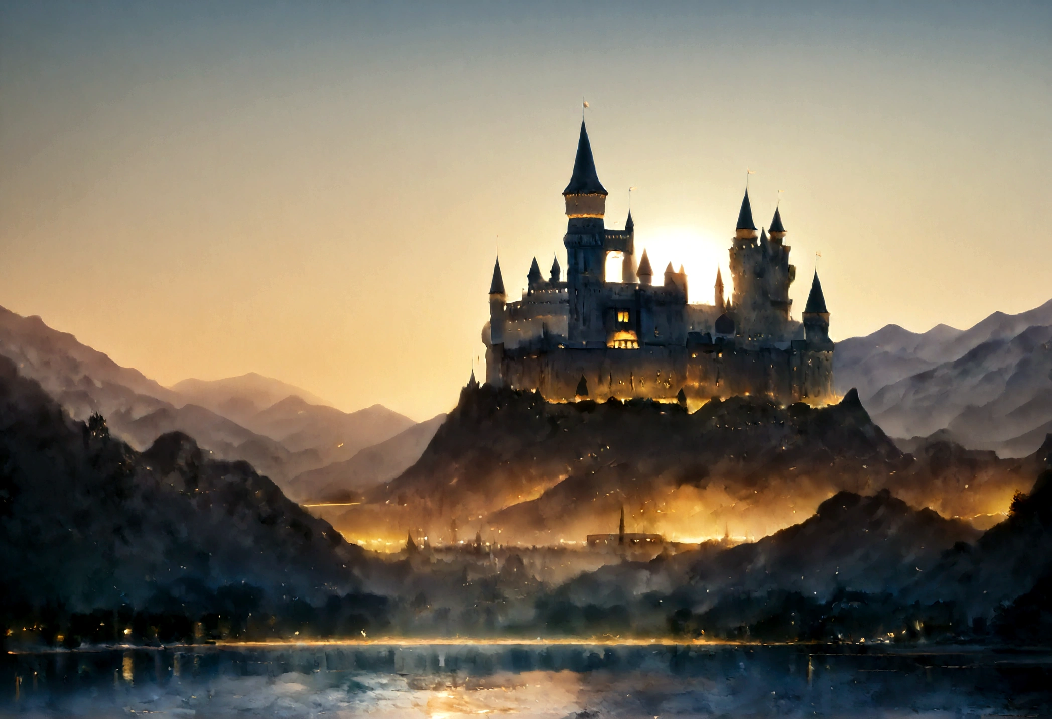an award winning picture, National Geographic style, Arafed, magnificent artistic picture of a (castle: 1.4) on a mountain range near a lake at dusk, fantasy art D&D art, castle, with towers, turrets, barbican, it is dusk time, the sun is going down, and there are stars in the skies, the last rays of sun, there is a ((bridge lit by torches: 1.4)) crossing to the other side, the castle is being reflected in the water, fantasy forest background, ultra best realistic, best details, 16k, [ultra detailed], masterpiece, best quality, (extremely detailed), photorealism, depth of field, hyper realistic painting, Cinematic Hollywood Film style, digital art, colouredglazecd_xl