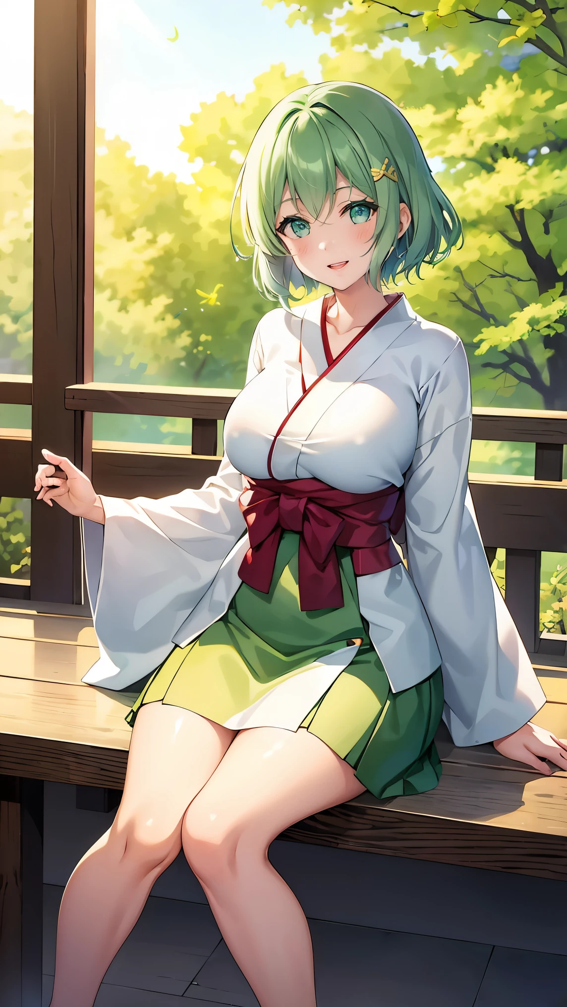 Girl with short green hair, Small breasts, Green Eyes, White Casual Wear Beauty Special、(((tits))),Full body photo from head to toe、kimono、Graceful Manners、Playing the shamisen、concert、play a sound、Japanese Instruments、Play a musical instrument、