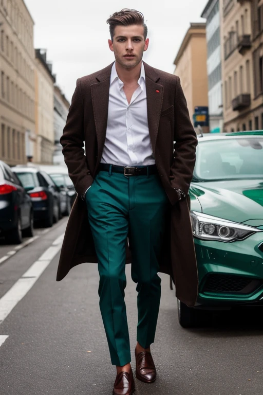 8k uhd, dslr, high quality , RAW photo, Amateur Photography , handsome male ,Street, wearing coat and pant suit with white shirt and brown shoes , bottle green suit , 2 button suit