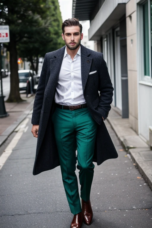 8k uhd, dslr, high quality , RAW photo, Amateur Photography , handsome male ,Street, wearing coat and pant suit with white shirt and brown shoes , bottle green suit , 2 button suit