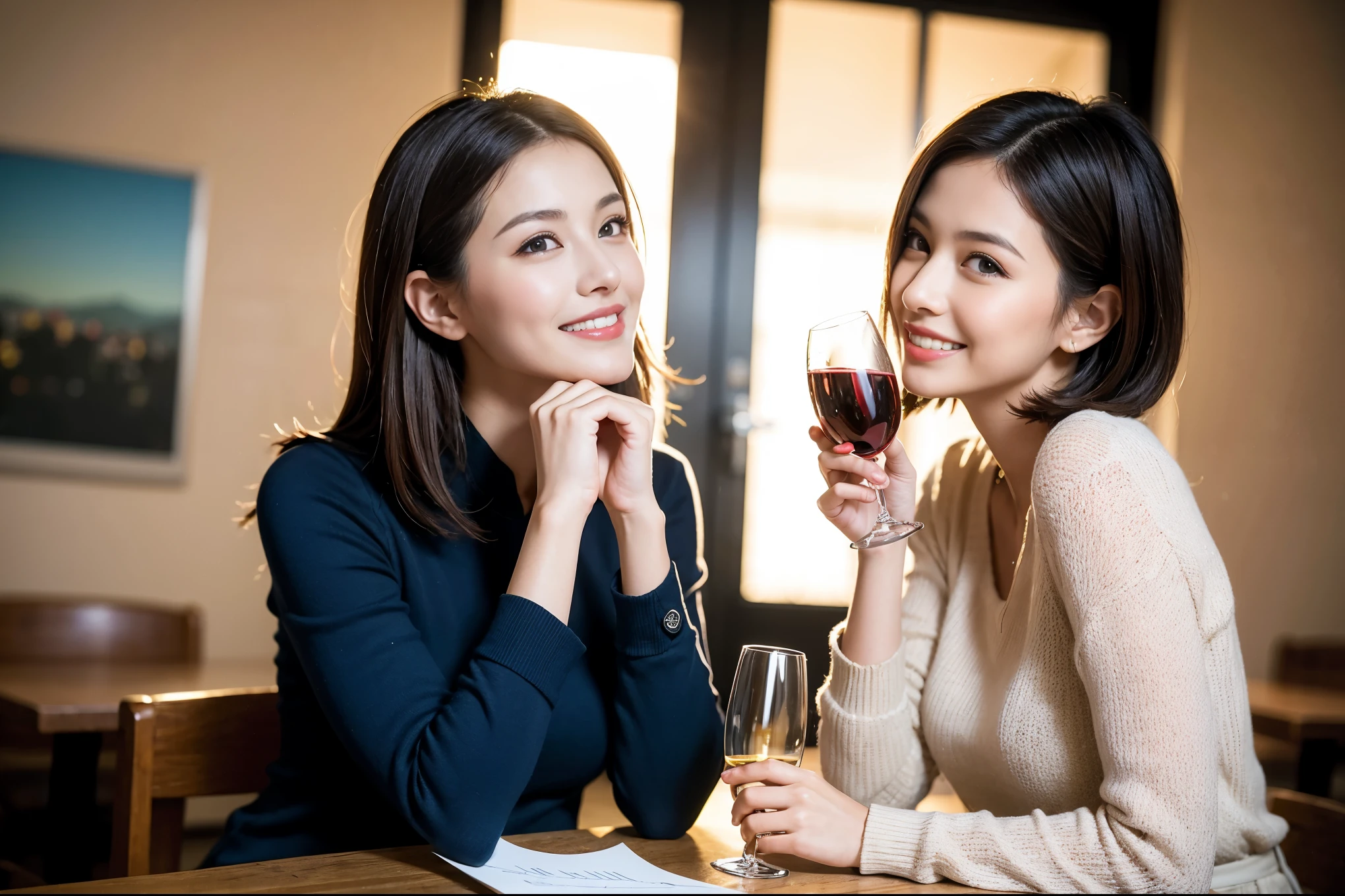((highest quality、8k、masterpiece:1.3))、Ray Dan lookalike beauty、1 male1 female、Couple、lover.Spouse、half、The body is slim、((Bob Hale、Straight hair:1.2)), (Realistic, Intricate details:1.2), Wine glass on the table、Shine light on your face、 Amazing view of the sunset sky and clouds、Amazing mountain views、A bright smile、The wonderfulness of smile、Bright image、The beauty of wine, Beautiful Face, blue eyes, The light shines on your face, Blushing, short hair,Bright Face、 (Age 44), 43 years old, red wine 、Appetizers、Italian food、Wine bottle、Champagne、sparkling wine、Two beauties、Brown Hair、Shortcuts、Long sleeve shirt、dress、Pretty Woman 1, (Slim face), (The body is slim), (Brown Hair), (Shortcuts), cheeks turn a little red,Attractive beauty、restaurant, In a prominent place (From the waist up) Nova Frog Style, actress, model, Upper Body, White wine, slim, wine glass, A wine glass placed in the center, smile, (smile: 1.15), Beautiful fine grain, Depth f/2,saturation, High Contrast, Strong light and shadow,Moist Body:1.5、3D texture、Delicate eyes、Brown Hair、The hair is very shiny、