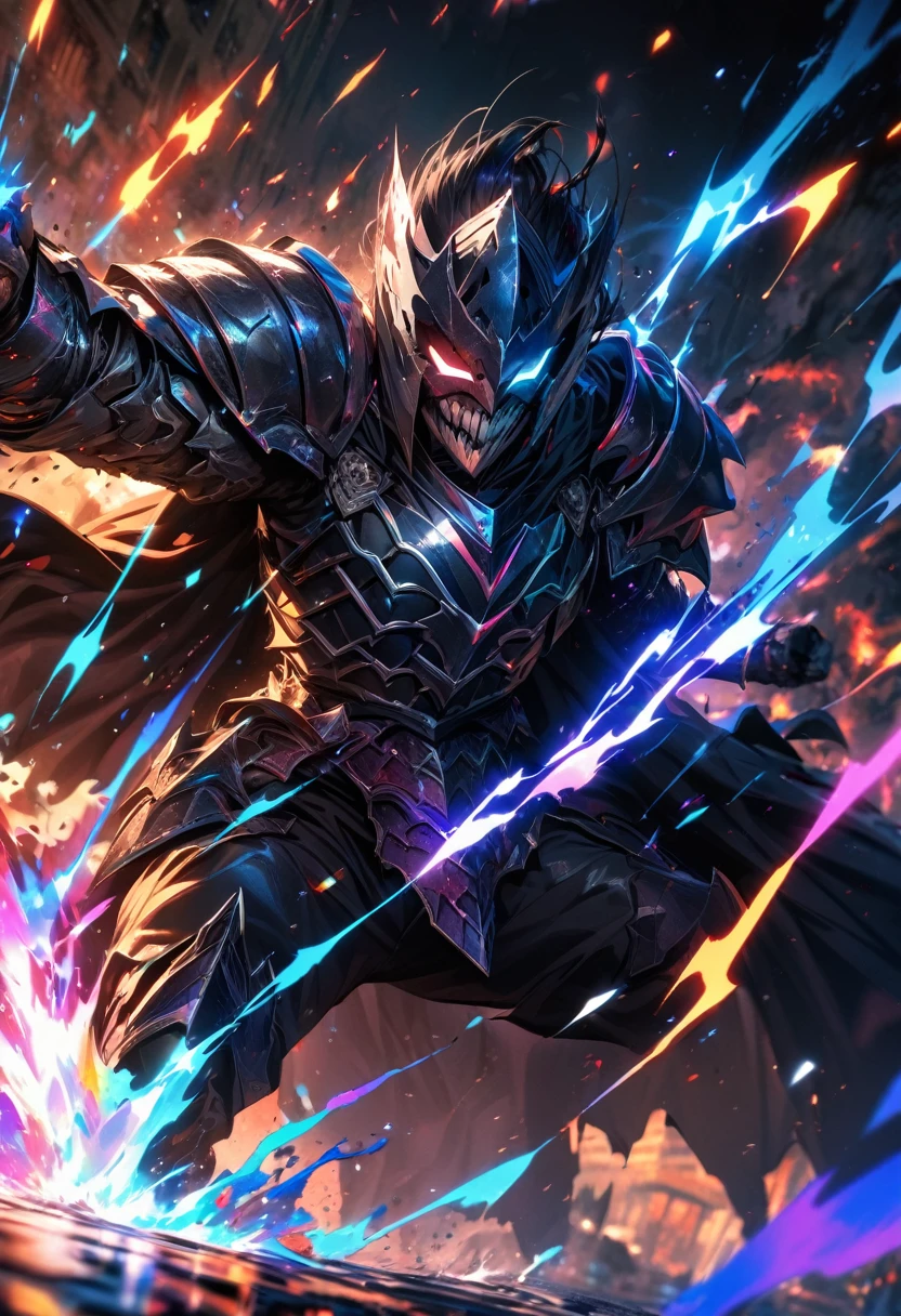 absurdres, highres, ultra detailed, HDR, masterpiece, extremely detailed face and eyes, horror armor knight, Epic Batman mask,,colorful Black hair , , solo, ,man, handsome, , , Epic fight scene, colorful flames splashing effect,colorful lightning effect,glowing glitters