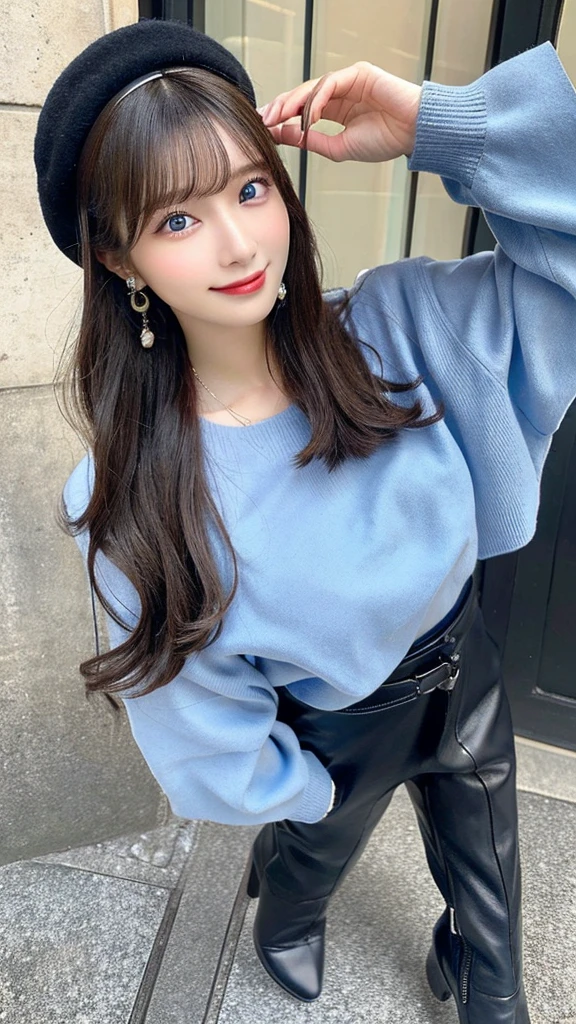(32hair,High resolution,High detail,High resolution,high density,alone,On top of that:1.3),(A realistic person々,Live Action,Fine grain,High resolutionの目,Fine Eyes,Eyes that look alive,Beautiful dark blue eyes,Fishing eyes,Detailed lips,Translucent white skin,Realistic face in every detail:1.3),(Japanese Ido,hairorean Idols,Japanese Model,hairorean models,hairorean hair-Pop Female Idols:1.2),(Blushing,Natural Makeup,necklace,Earrings,へそEarrings:1.4)(Military Cargo Pants,A colorful top with an oversized silhouette,Rajkot,Leather boots,hairnitted hats,Mode Style, Beautiful casual look:1.6),(Shapely breasts:1.5),(Young but very beautiful hairorean16 years old ,Cool eyes,Smile a little,turn around,looked back,Looking into the camera,Fashion Leader,Fashion Model,Soft Skin,Unforgettable Eyes,Her eyes are so beautiful,I want to go to the Paris Collection.........,Cutting-edge fashion:1.6),(Please show me your whole body,Showing off full-body fashion,Stylish blue glasses:1.7)smile Wink