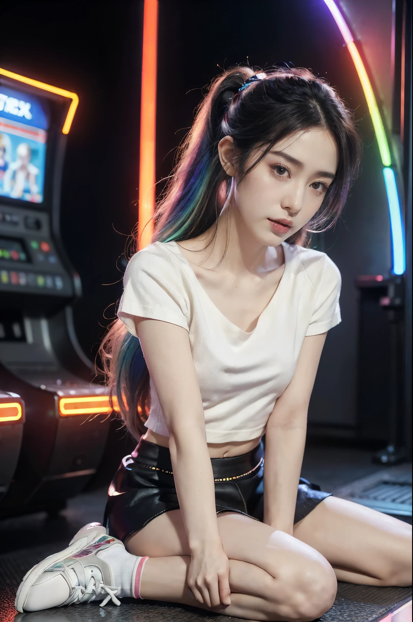 ((((8k))),((Extremely meticulous CG)) ,(wallpaper),16k,((Extremely refined and beautiful)),(((Masterpiece))),(((best qualtiy))),(((Ultra High Resolution))),beautiful light up,Perfect lightning,realistic shaded,(Smooth and flawless skin:1.5),(Extremely exquisite facial details:1.2),(perfect body:1.2),(ultra-detailed),((A beautiful girl,solo)),(small head:1.2),(pale skin:1.3),(shoulder length straight hair:1.2),(rainbow color hair:1.3),(small face:1.2),(baby face:1.3),(Exquisite makeup:1.2),(blush:1.3),(small breasts:1.2),(flat chest:1.3),((slim,thin)),(laughing:1.2),(short sleeves:1.2),(laser shirt:1.5),(shoulder off:1.3),(navel:1.3),(laser microskirt:1.5),(slender legs:1.2),(socks:1.2),(sneakers:1.3),(indoor:1.2),(summer:1.3),(detailed background:1.5),(sitting on the ground:1.3),(spread legs apart:1.3),(Beside the arcade machine:1.3),(arms behind back:1.3),(full body:1.3),(from front:1.3),(In the game center:1.5),(colorful neon lights:1.3),(cyberpunk style:1.3),(night scene:1.5),(lively atmosphere:1.3),(surrounded by crowded crowds:1.3)