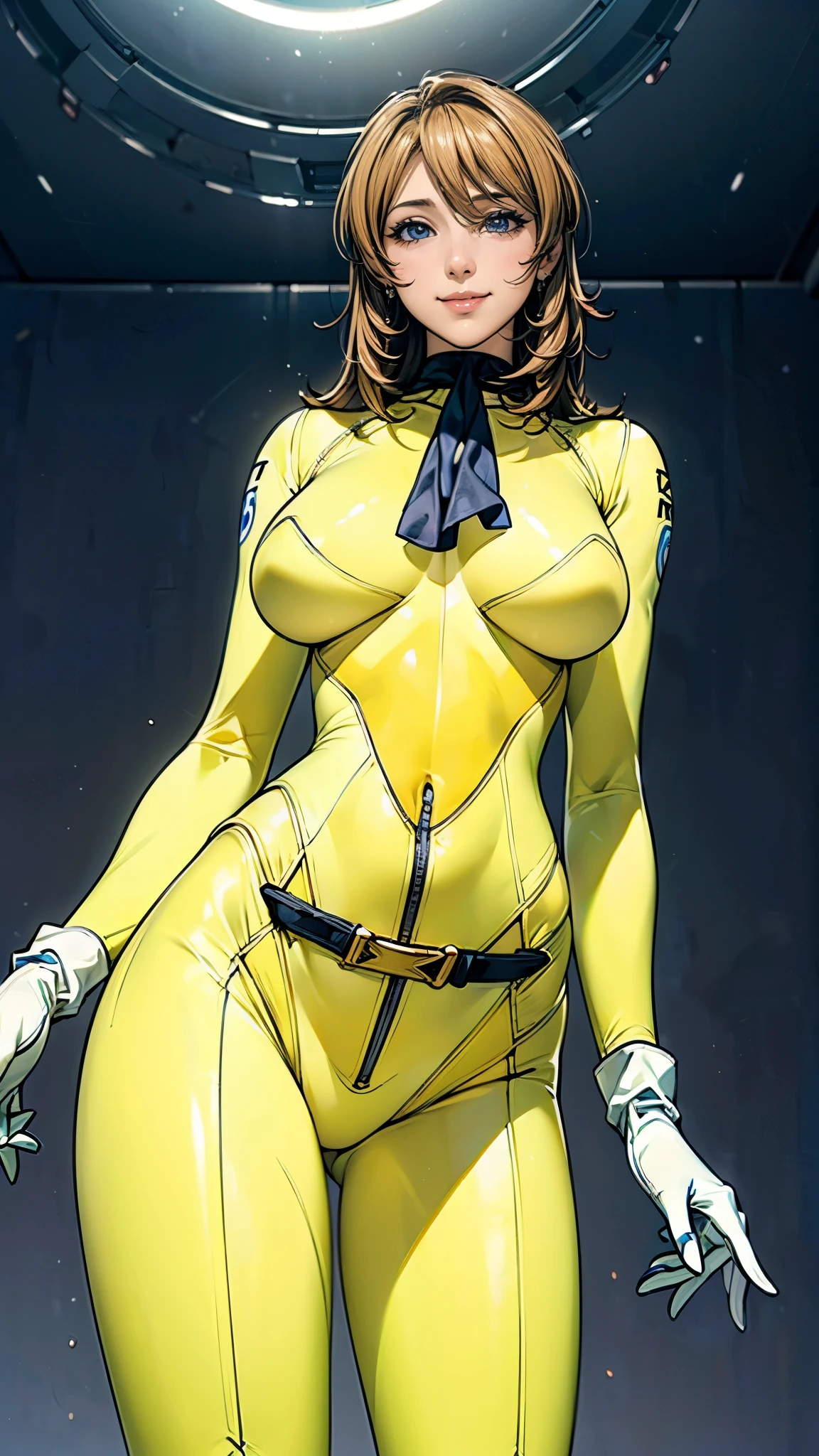 (masterpiece),(highest quality),(Very detailed),(High resolution),(Photorealistic Stick),(Realistic),(8k),wallpaper,Perfect lighting,break(One Woman),((moriyuki:1.5)),(Mori Bodysuit, Yellow bodysuit, belt:1.5),(Mori Uniform, White gloves, uniform, Brown jacket, Ascot, belt:1.5),(22 years old),(((Extremely form fitting bodysuit:1.5))),(((Very detailedなボディスーツの描画:1.5))),(Beautiful Eyes:1.5),(Detailed face drawing:1.5),(Detailed face drawing:1.5),((Very detailedな女性の手:1.5)),(Shiny skin:1.0),(((Very muscular:1.5))),((Big Breasts:1.5)),(Wall thickness),(((Thick thighs:1.5))),(Sensual body),(Black background:1.5),(((Blur the background:1.5))),(((Leaning forward:1.5))),(((A gentle smile:1.5))),(From below:1.5)