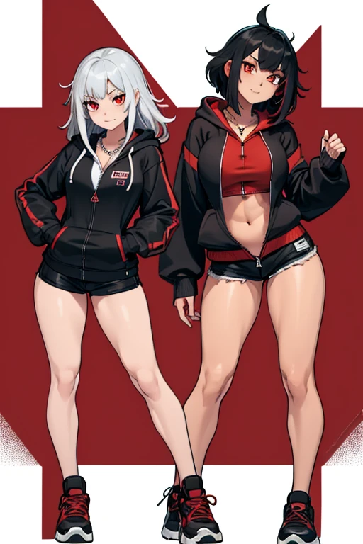 female, silver long hair with black highlights, red eyes, (((1girl))), (((red zip-up hoodie))), (black shirt), (red short shorts), (black sneakers), (necklace with chaos star pendant), cute and sexy, large breasts, large butt, full body, long legs, smiling