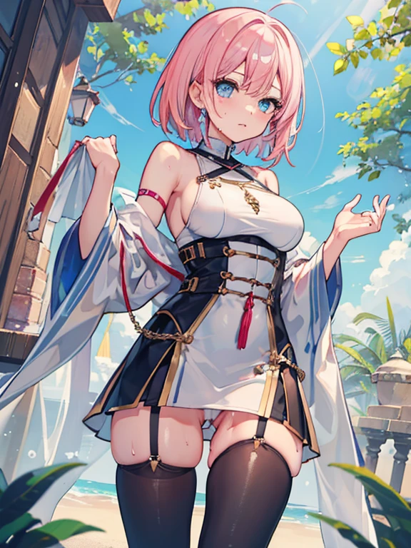 1 girl, high quality, (short hair), pink hair, forehead, blue eyes, (medium breast), (straps on thighs:1.3), white background, nature, (stocking), (sweaty:1.1), (nipples:0.8), thick thighs, (middle Ages:1.2), (long dress), (cameltoe), armor