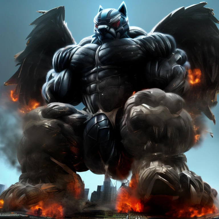 (masterpiece. official art. 8k. best quality. detailed full body. full body.)
(situation 1 : dominating LUCARIO. focus GIANT mechanical Muscular LUCARIO is trampling the CITY. macro. stomp. Low-angle perspective. emphasizing the immense size. The perspective is from below, emphasizing the sheer majesty and power of the Giant. giant art. He is much bigger than a skyscraper. Giga Giants. micro soccer field. looking down.)
(situation 2 :smoke and flames rising from the destruction in the city)
(Additional details 1: wearing a full-face helmet. helmet is jet black. The color of NANOSUIT is jet black. high-tech bio-mecha armor. real texture material. whole body shines like metal. Wearing cyberpunk mecha. emphasizes the muscles. suit fully made of metal. intricate armor. Robotic suit. suit fully made of metal. NANOSUIT with the same design as LUCARIO.).
(Additional details 2: (Detailed head. Detailed Body. Detailed abs. gigantic muscles. HYPER MUSCLES. Gigachad Muscular. big muscle. pecs. triceps. traps. unusually developed muscular body. body full of huge muscles. showing off muscles. pectorales enormes. Exaggeratedly huge muscles. huge muscles. long legs.).
(Additional details 3: nj5furry, Spread wings. It has wings. White have big wings. The claws are sharp. Sharp teeth.5 toes.).
(Additional details 4: black color hyper penis. hyper black penis. big penis)