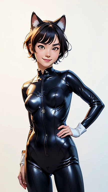 (highest quality, masterpiece, High resolution)、4K Anime Art、(1 beautiful Japan woman、20-year-old)、(cowboy_shot、Natural standing posture、)、 (Detailed depiction of a beautiful face)、Happy smile、Small breasts、(Cat ear)、Medium Short Hair、Bobcut、 (Catwoman costume)、(Blank background)、((White Background))、