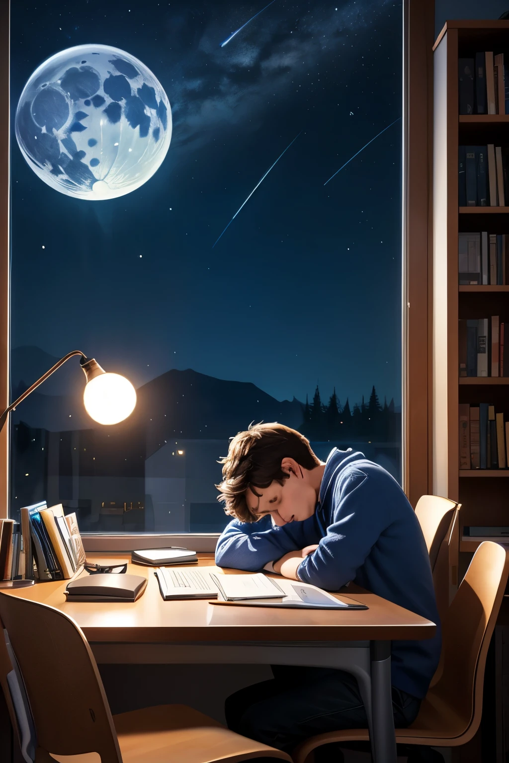 Create a cartoon-style image depicting a male student programmer learning Object-Oriented Programming (OOP) at night. The scene is set in a cozy room dominated by cool blue tones, with a warm desk lamp providing the only source of warm light. The student is sitting at a desk with a opened laptop, surrounded by books, a cup of coffee, and a sleeping cat. In the background, there's a window showing a starry night sky with a bright moon. The overall atmosphere should feel serene and focused, highlighting the dedication of the programmer.