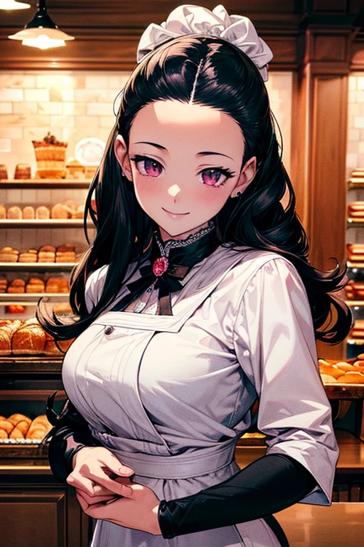 ((forehead)), masterpiece, masterpiece_portrait, distinct, distinct_image, high_resolution, highres, high_quality_anime, high_quality, hyper_detail, finely_detailed,4K, sexy body, ((black hair)), pink eyes, smile, happy, Pastry Chef, bakery, ((whole body)), Bakery