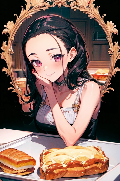 ((forehead)), masterpiece, masterpiece_portrait, distinct, distinct_image, high_resolution, highres, high_quality_anime, high_quality, hyper_detail, finely_detailed,4K, sexy body, ((black hair)), pink eyes, smile, happy, Pastry Chef, bakery, ((whole body)), Bakery