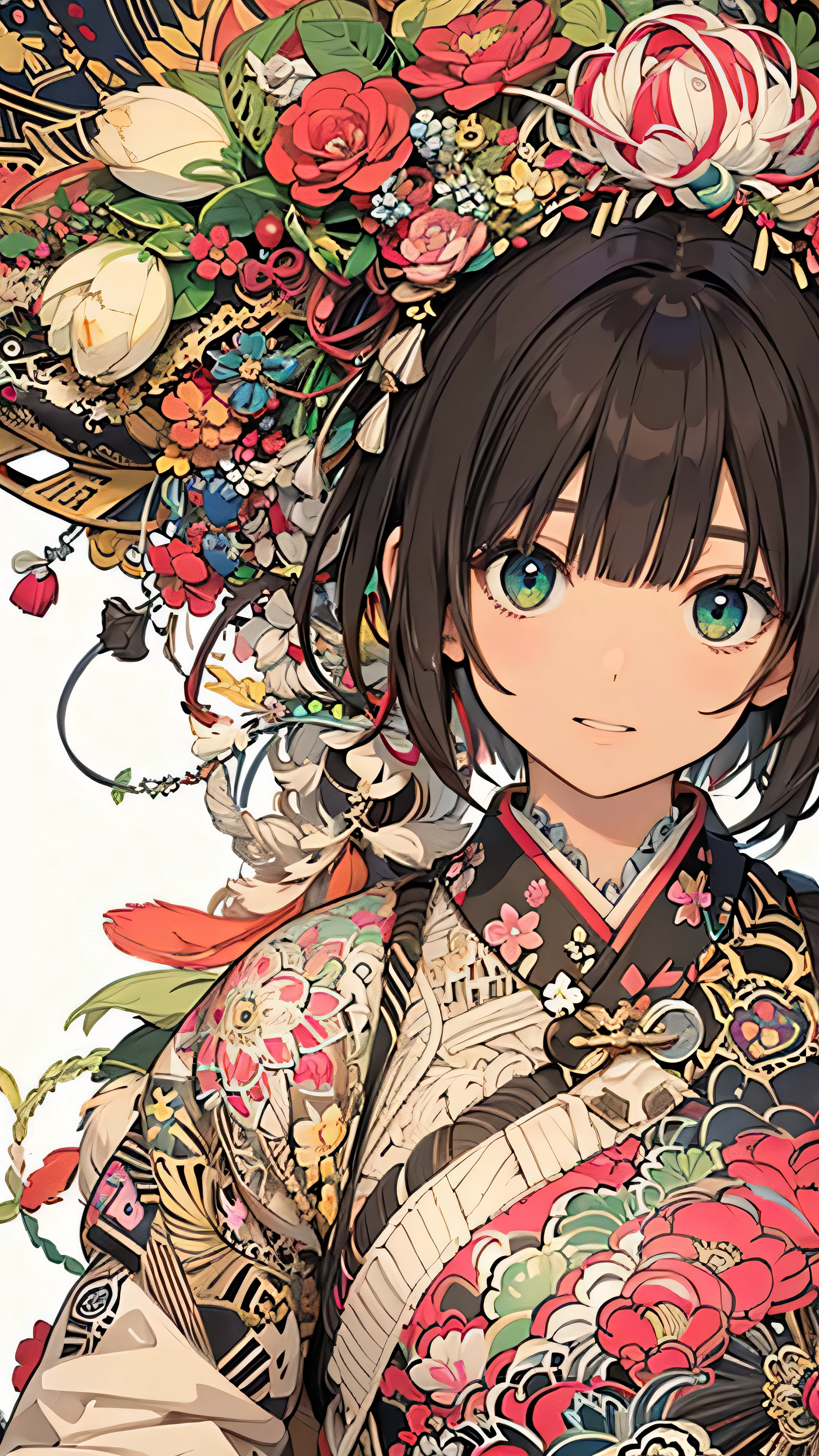 Official Art, wallpaper, Very detailed, (((Very detailedな目と顔))), shut up., masterpiece, highest quality, Realistic portraits, (ZenTangle, Mandala, Tangle, EnTangle), Complex clothing, Very detailed, Dynamic Angle, The most beautiful form of chaos, elegant, Brutalist Design, Vibrant colors, Romantic Chinese Flowers