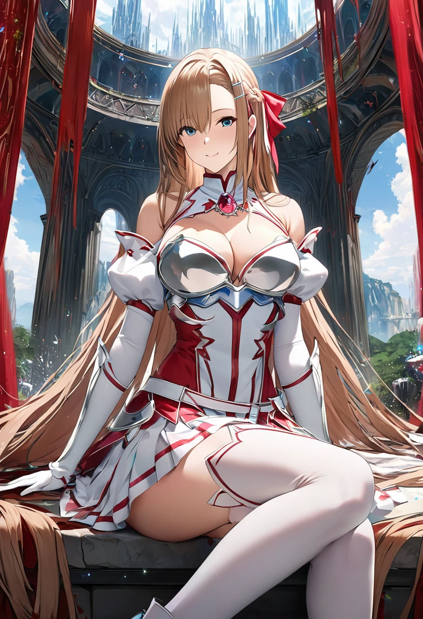 masterpiece, highest quality, High resolution、highest quality、unity 8k wallpaper、32k、Very detailed、超High resolution、Very detailedな顔、RAW Photos、Professional、Ultra-fine painting、創世の魔法少女ステイシア・Asuna、Knights of the Blood Oath Uniform、White and red magical girl costume、Puff sleeves、Shoulder rest、Silver Breastplate、Pleated skirt、Long gloves、Thigh-high stiletto boots、A large white and red ribbon with a large ruby brooch on the chest、Hair Clip、Hair Ribbon、Asuna \(star\)