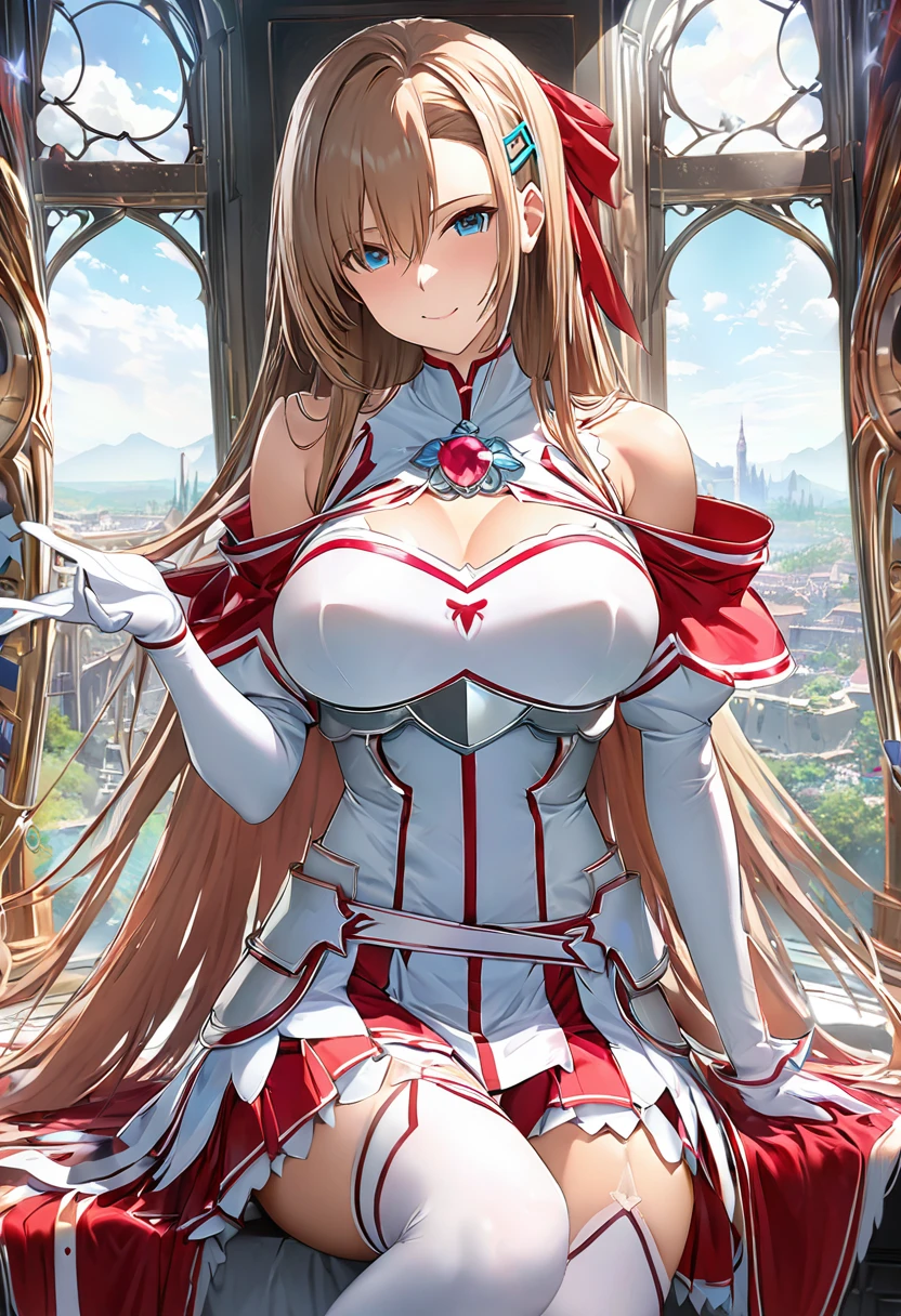 masterpiece, highest quality, High resolution、highest quality、unity 8k wallpaper、32k、Very detailed、超High resolution、Very detailedな顔、RAW Photos、Professional、Ultra-fine painting、創世の魔法少女ステイシア・Asuna、Knights of the Blood Oath Uniform、White and red magical girl costume、Puff sleeves、Shoulder rest、Silver Breastplate、Pleated skirt、Long gloves、Thigh-high stiletto boots、A large white and red ribbon with a large ruby brooch on the chest、Hair Clip、Hair Ribbon、Asuna \(star\)