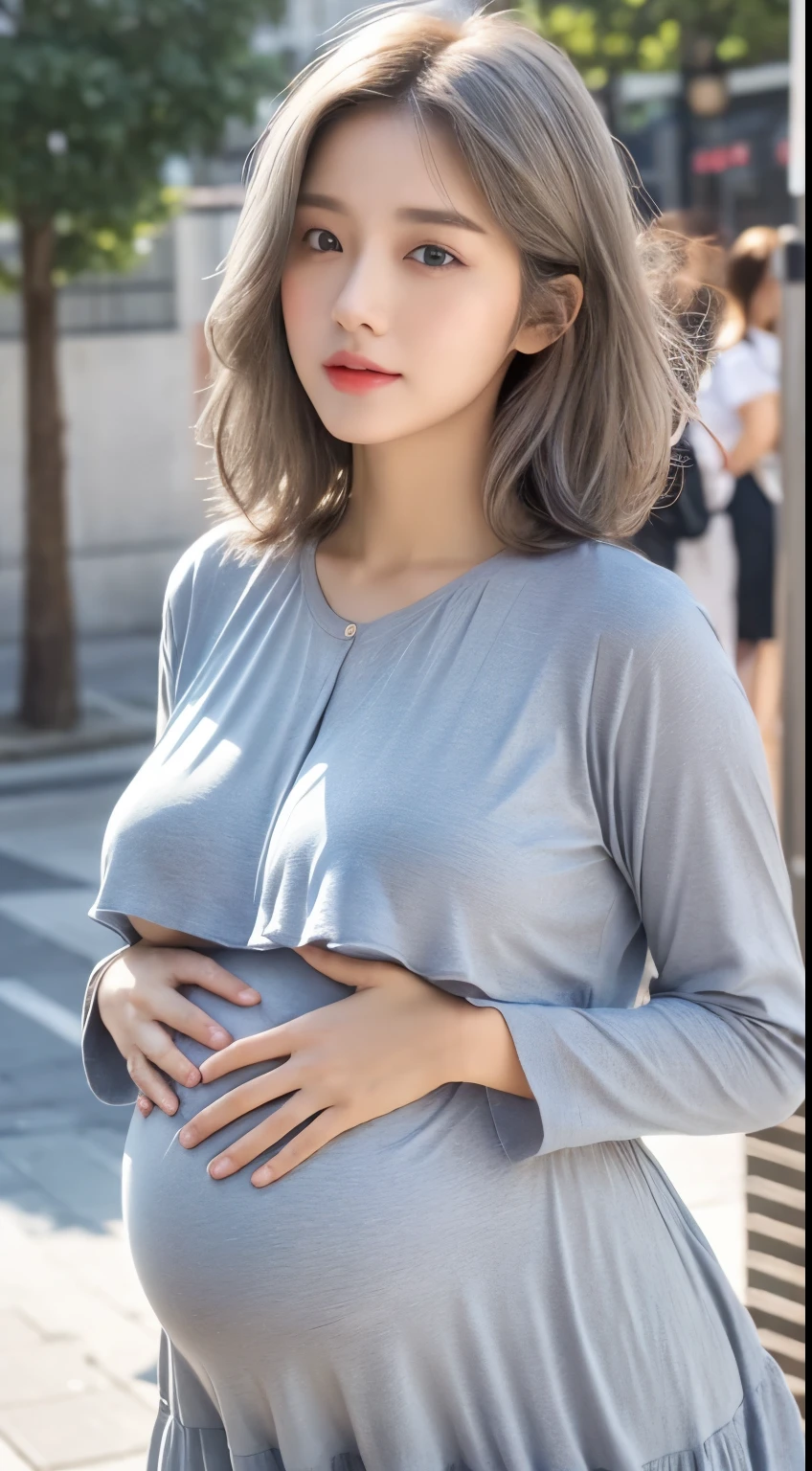 ((Best quality, 8K, tmasterpiece:1.3)), focal point:1.2, Beautiful woman with perfect body:1.4, Upturned buttocks:1.2, ((pregnant)), ((Cut hair into layers, beautiful boobs:1.2)), (wetclothes:1.1) , (Sateen, the street:1.3), Sky blue floral dress:1.1, Highly Detailed Face and Skin Textur, Detailed eyes, double eyelid，Whitening Skin，Long gray hair