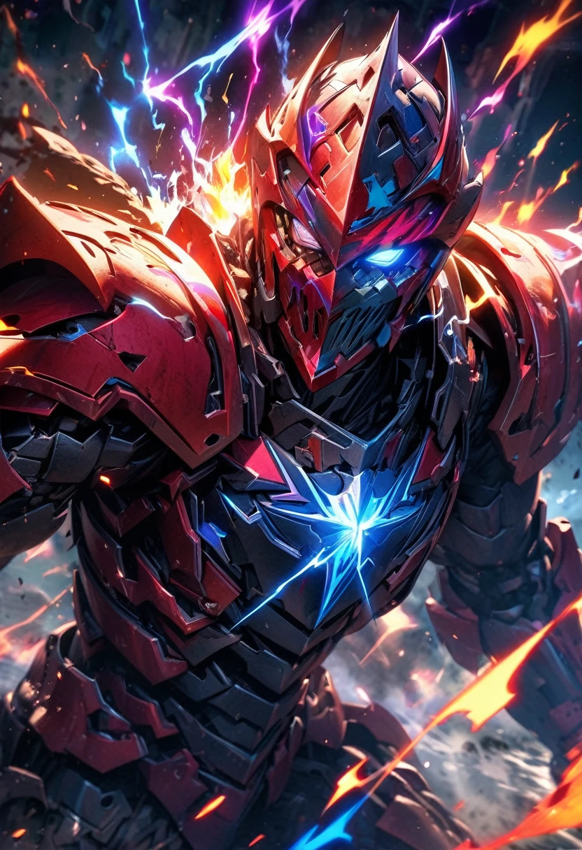 absurdres, highres, ultra detailed, HDR, masterpiece, extremely detailed face and eyes, horror armor knight, Epic ironman mask,,colorful Black hair , , solo, ,man, handsome, , , Epic fight scene, colorful flames splashing effect,colorful lightning  effect,glowing glitters 