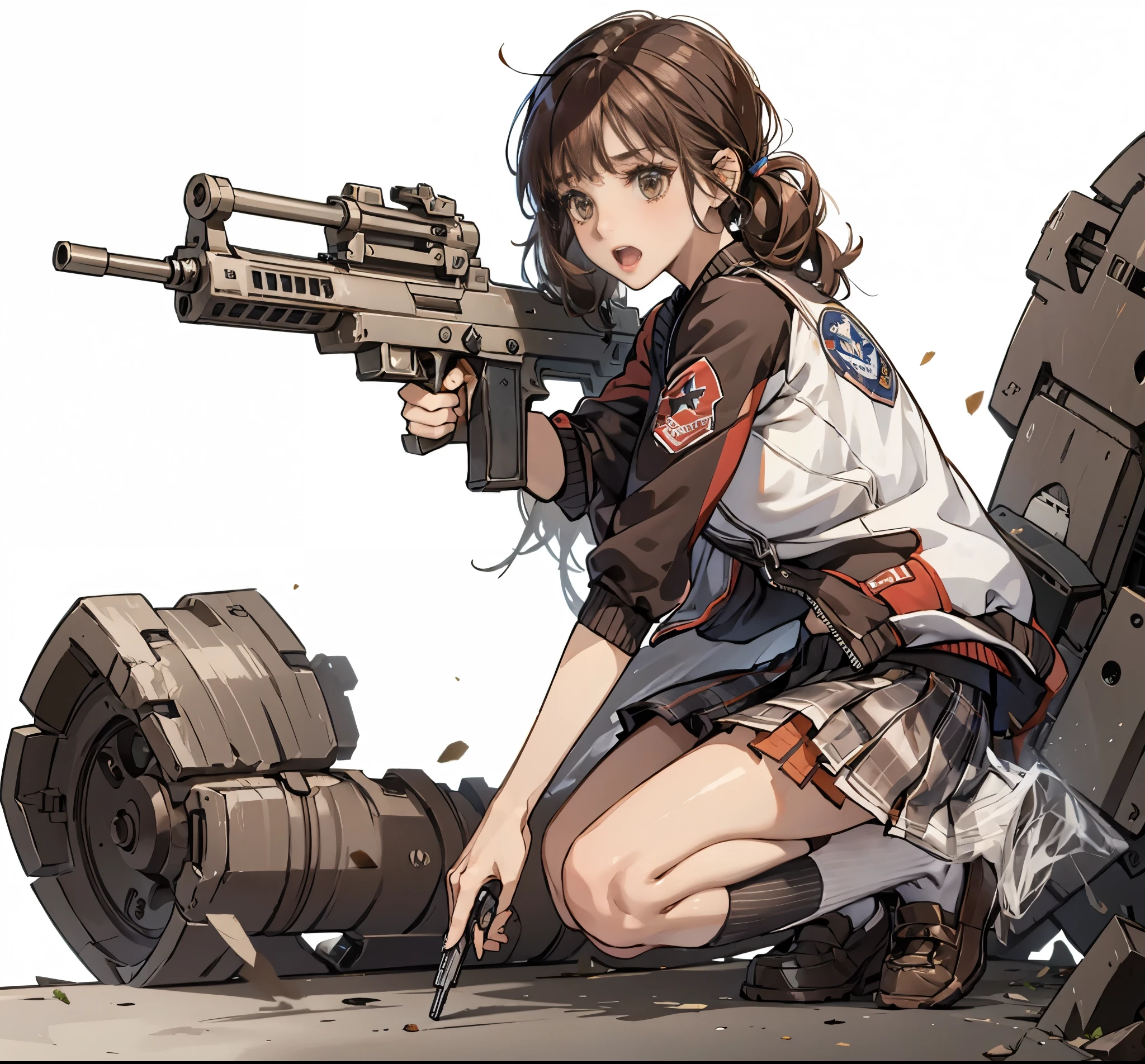 1girl, solo, open mouth, skirt, simple background, brown hair, shirt, white background, holding, twintails, brown eyes, , jacket, full body, weapon, pleated skirt, shoes, socks, holding weapon, gun, plaid, plaid skirt, brown footwear, sunglasses, letterboxed, black socks, loafers, holding gun, eyewear on head, handgun, dual wielding, aiming, letterman jacket