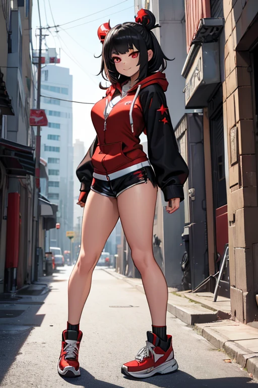 female, silver long hair with black highlights, red eyes, (((1girl))), (((red zip-up hoodie))), (black shirt), (red short shorts), (black sneakers), (necklace with chaos star pendant), cute and sexy, large breasts, large butt, full body, long legs, smiling