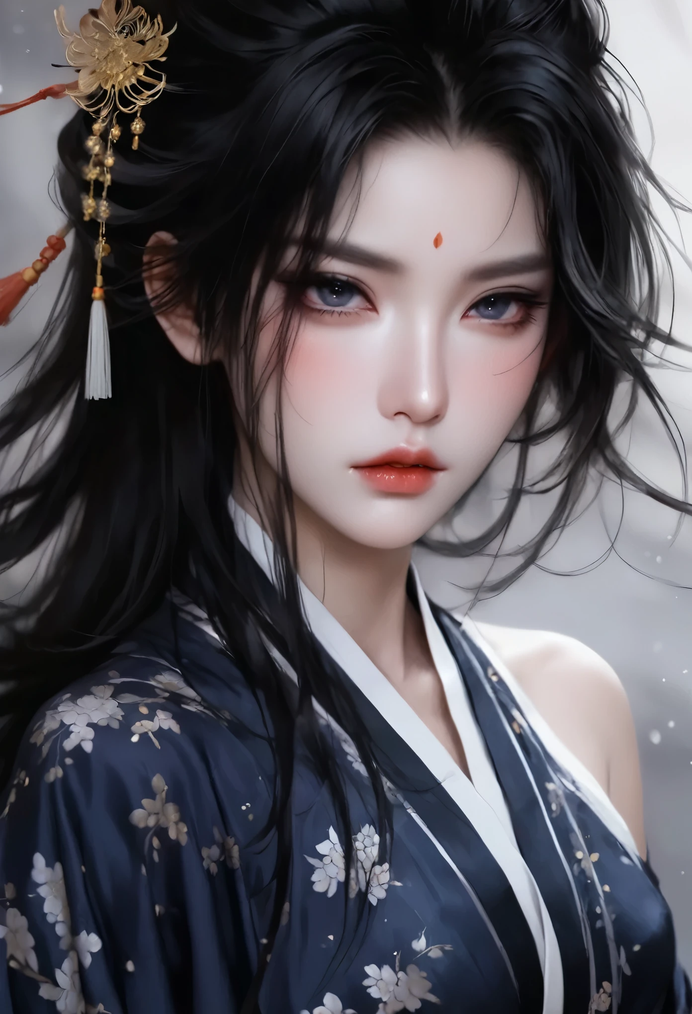 1 girl，Sexy，Flowing messy black hair，Hair shine，Skin details，Beautiful facial features，Exquisite makeup，Exquisite eyes，Eye details，Dark eyeshadow，small freckles，Plain Hanfu，Shoulder，arm