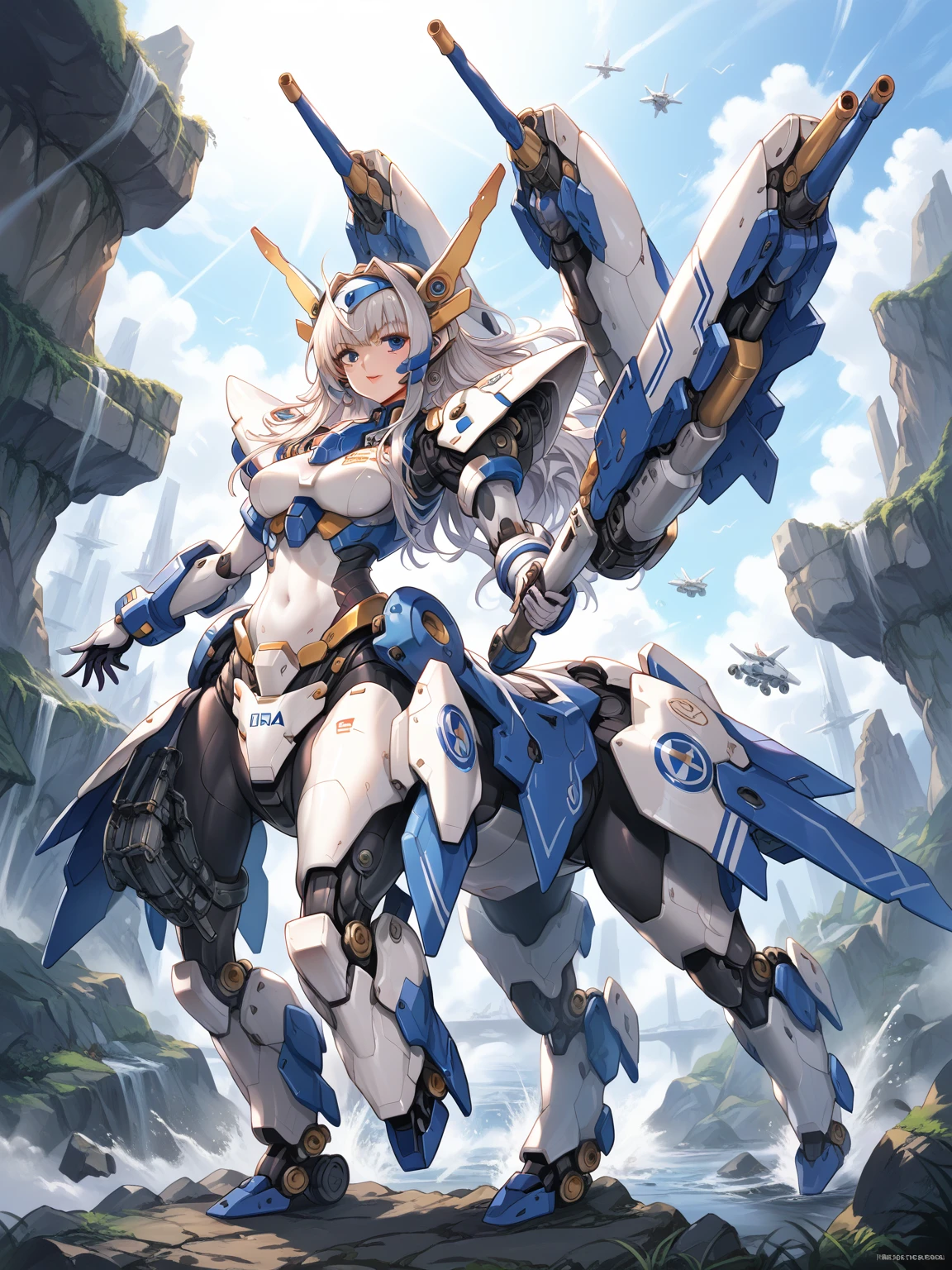 score_9, score_8_up, score_7_up, source_anime,masterpiece, best quality, high resolution, extremely detailed CG, absurdres, highres, ((perfect face, detailed face)), 1girl, solo, A mecha centaur girl, mecha girl, ((white_outfit with blue_praints)), holding weapon, mecha long gun, outdoors, high contrast, ((gloss))