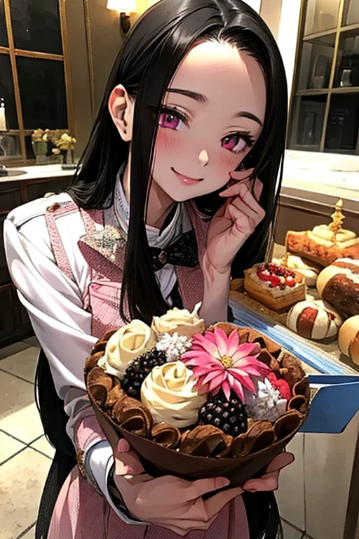 ((forehead)), masterpiece, masterpiece_portrait, distinct, distinct_image, high_resolution, highres, high_quality_anime, high_quality, hyper_detail, finely_detailed,4K, sexy body, ((black hair)), pink eyes, smile, happy, Pastry Chef, bakery, ((whole body)), Bakery