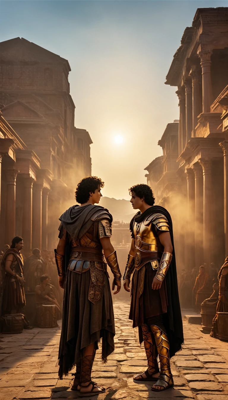 As the sun began to set, The warm golden hues of the sun illuminated his ornate attire, casting a warm glow across the area, Ground-level shot, Intense gladiator duel, set in ancient Rome, historical painting, background dark, hyper realistic, ultra detailed hyper realistic, photorealistic, Studio Lighting, reflections, dynamic pose, Cinematic, Color Grading, Photography, Shot on 50mm lens, Ultra-Wide Angle, Depth of Field, hyper-detailed, beautifully color, 8k, golden light from the front, scene from dune 2 0 2 1 movie, film still from dune 2020, prince of egypt, in screenshot from the 300 movie