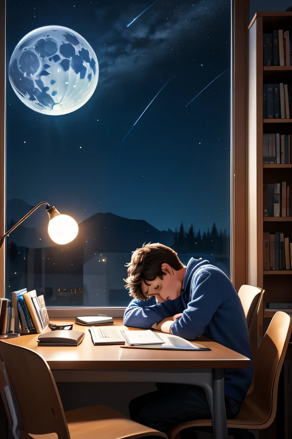 Create a cartoon-style image depicting a male student programmer learning Object-Oriented Programming (OOP) at night. The scene is set in a cozy room dominated by cool blue tones, with a warm desk lamp providing the only source of warm light. The student is sitting at a desk with a opened laptop, surrounded by books, a cup of coffee, and a sleeping cat. In the background, there's a window showing a starry night sky with a bright moon. The overall atmosphere should feel serene and focused, highlighting the dedication of the programmer.