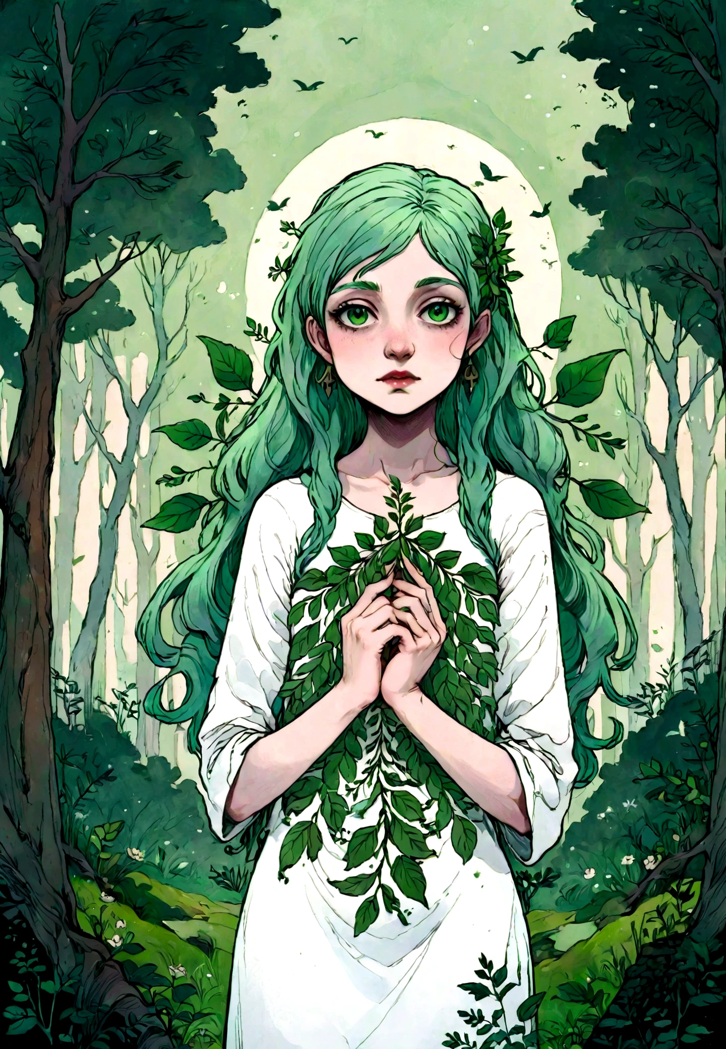 Tree Spirit、forest guardian、Middle age、Beautiful girl with green hair