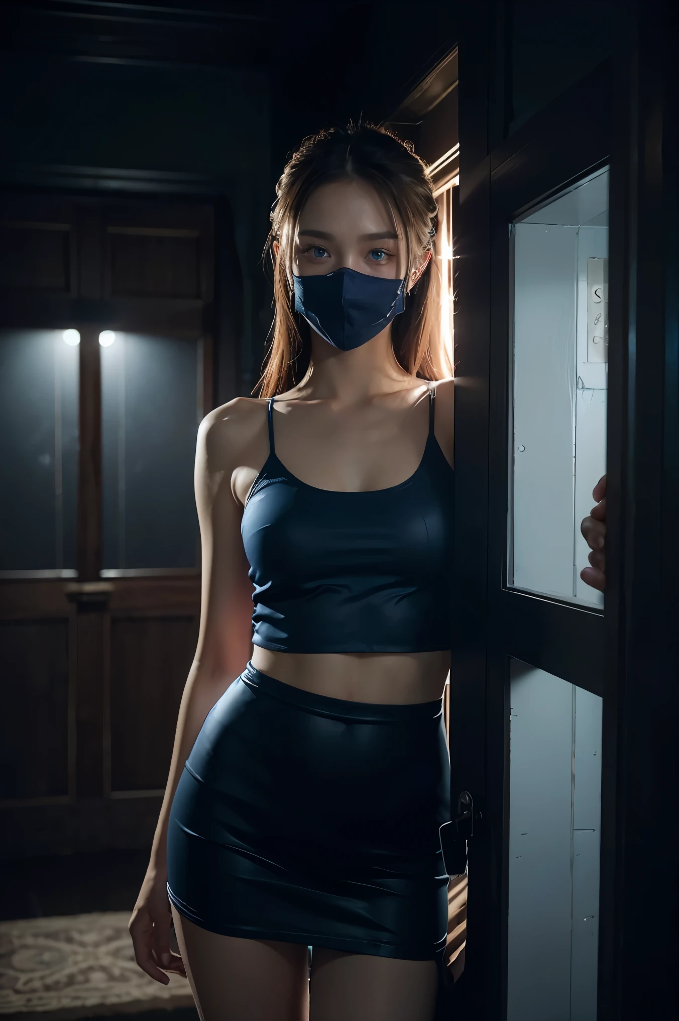 1girl, beautiful 18 year old girl, waering mask, gorgeous blue eyes, cute, ,happy, standing at doorway, private dark office, dark moody lighting, realistic, photorealistic, 8k, best quality, masterpiece, highly detailed, ultra-detailed, physically-based rendering, vibrant colors, dramatic lighting, cinematic