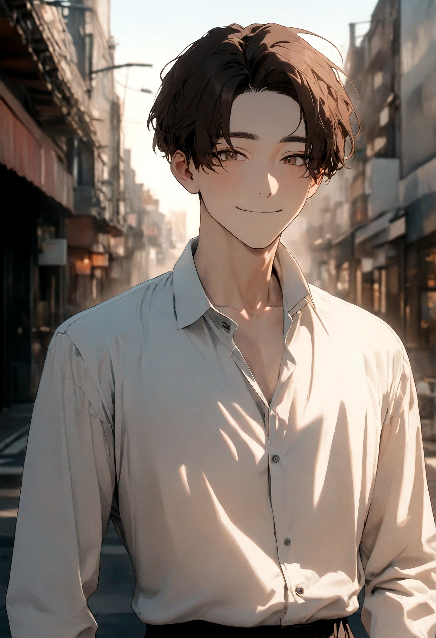 ((highest quality, 8k, masterpiece :1.3)), One Korean man, smile, whole body, Slim face, a handsome guy, (Dark brown hair), Dress shirt :1.1, Highly detailed face, Fine grain, double eyelid, Blur the background, Slim face, city, outside, street,Looks like Park Seong-ju