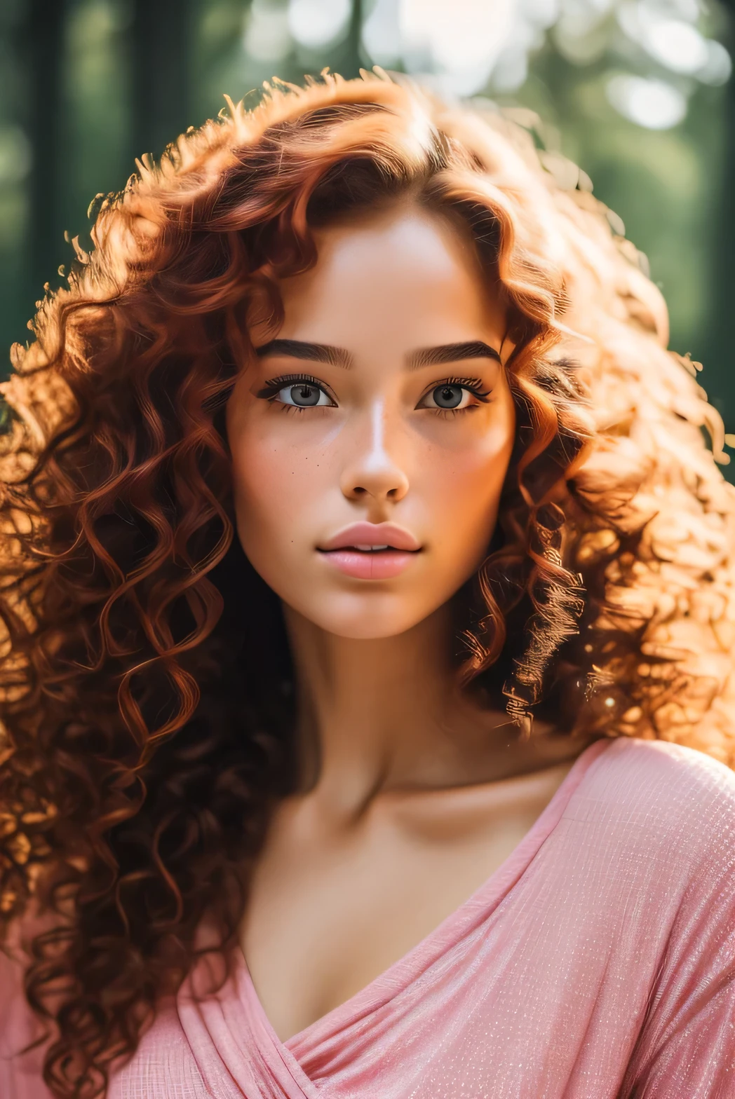 8K, Best quality, masterpiece, ultra high resolution, (realism: 1.4), original photo, (realistic skin texture: 1.3), (Granularity: 1.3), (Selfie angle), 1 girl, Pink clothes, Sapphire eyes and beautiful facial details, masterpiece, Best quality, close-up, Upper body pull-ups of the highest quality, long curly hair bright red hair, European facial features, fair skin, plump beautiful lips, neat snub nose, high cheekbones, freckles, full face