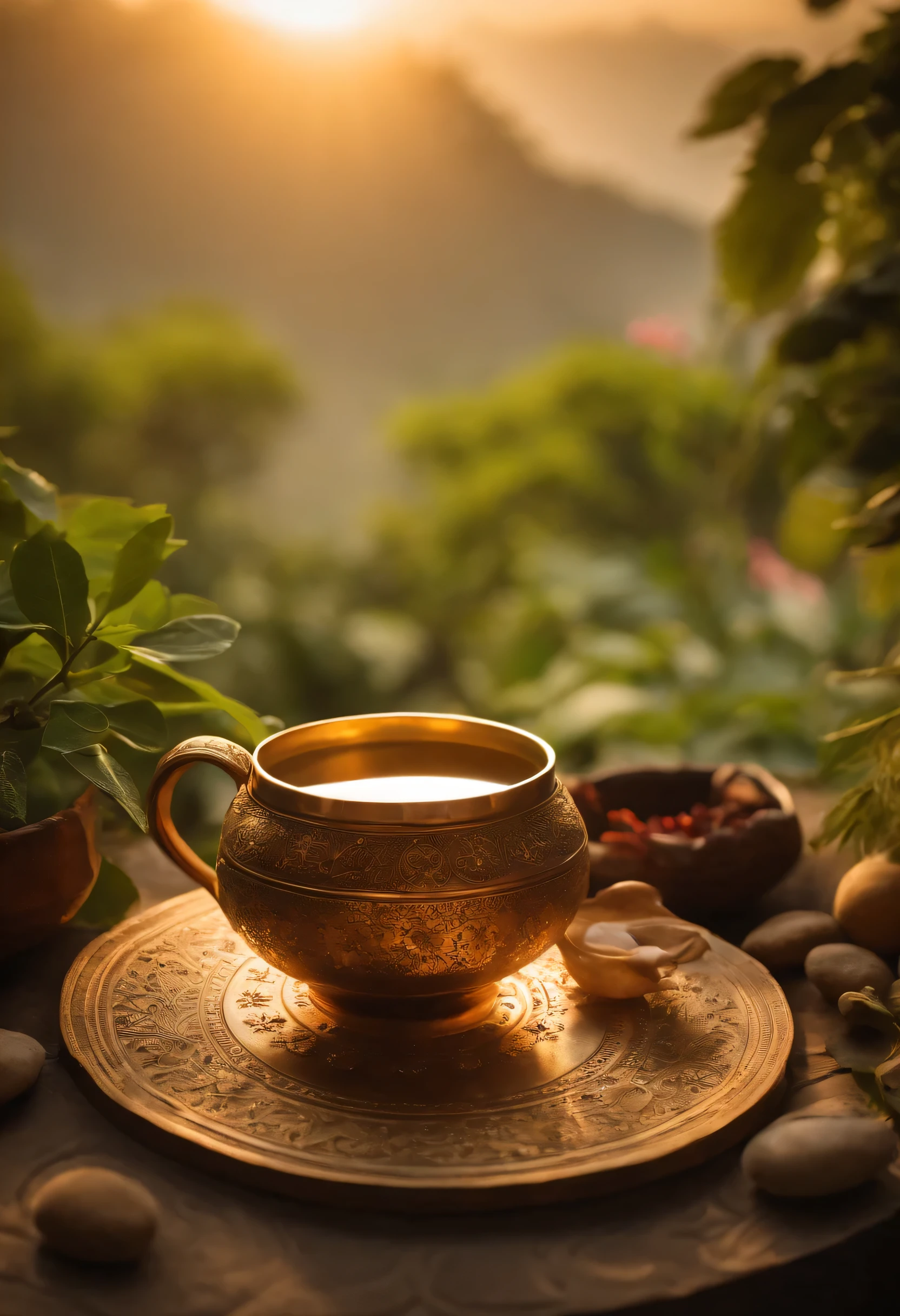 a serene scene at dawn. The soft, golden light of the rising sun gently kisses the lush greenery of a tranquil Ayurvedic garden. A gentle morning mist hovers in the air, adding an ethereal touch to the landscape.

In the foreground, we see a pair of hands tenderly cradling a steaming cup of Ayurvedic herbal tea. The cup is adorned with intricate patterns, reflecting the rich cultural heritage of Ayurveda. A warm, inviting aroma wafts from the tea, instantly evoking feelings of comfort and wellbeing.

Just beyond the cup, a person sits cross-legged in meditation, eyes closed, and a serene smile gracing their face. Their posture exudes inner peace and balance. Surrounding them are various Ayurvedic herbs and healing crystals carefully arranged in a mandala, symbolizing the holistic approach to health.

In the background, a traditional Ayurvedic healing center stands amidst the verdant garden. The architecture blends seamlessly with nature, underlining the harmony between human and environment that Ayurveda promotes.