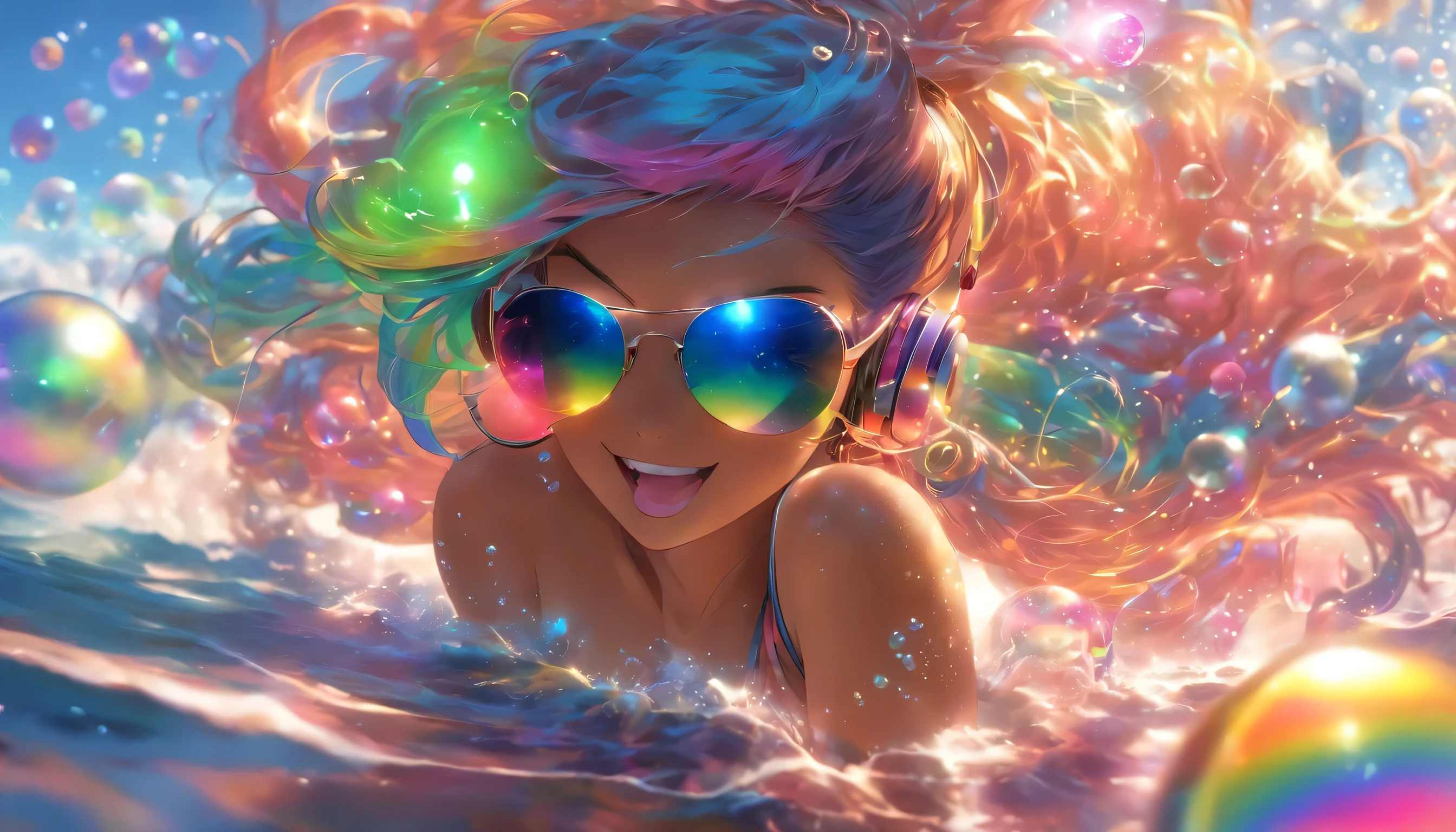 Transparent color PVC clothing, Transparent Vinyl Bikini, Prismatic, Holographic, chromatic aberration, Fashion Illustration, masterpiece, DJ Girl,, 8k, Super detailed, Pixiv、(((Wearing metal sunglasses)))、((Colorful Hair))、(((Wearing futuristic headphones)))、((I'm sticking out my belly button))、((Swaying bust))、(((Rainbow Hair)))、((Too big boobs))、(((In the water ocean)))、(((Many glowing bubbles)))、