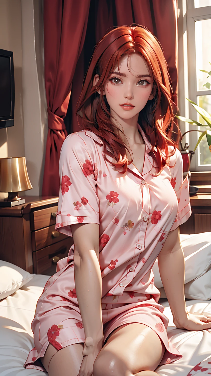 A woman in pink floral pajamas is sitting on her bed, Redheadの少女, beautiful Redheadの女性, Redheadの女性, young Redheadの少女, Short bright red hair, Red hair and attractive features, Anna Nikonova、Also known as New Milky, Redheadの少女, Redhead, Beautiful woman, Posing in bed, Redhead, Short Red Hair, Posing in the room