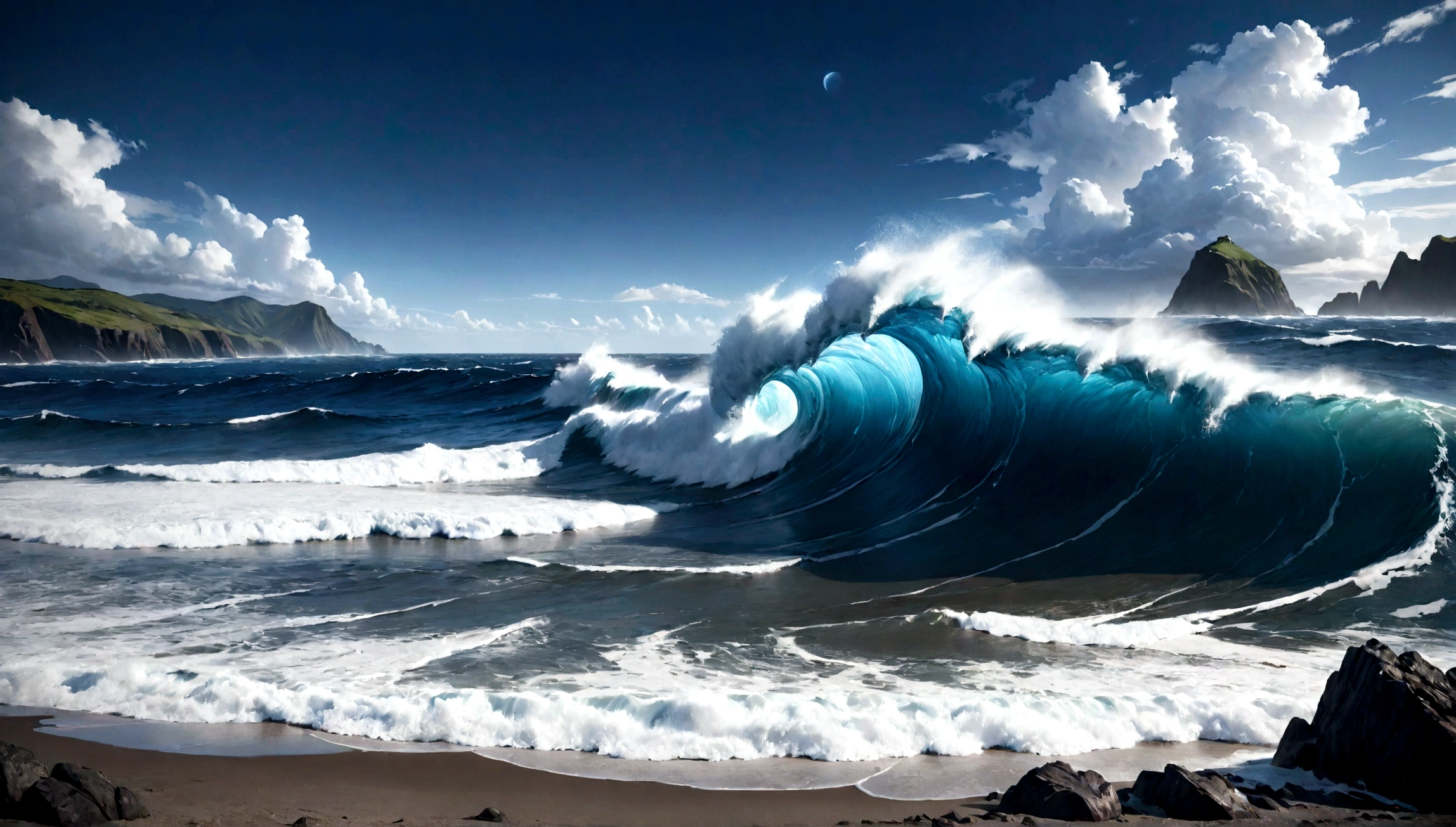 Ocean Blue Color, Long Shot, Rendered with Unreal Engine 5, Realistic, detailed, super high quality, Dark Sky, not human, No living creatures, There is no Earth, No rocks, Pacific,Giant Wave,Gust of wind,despair,Realisticな